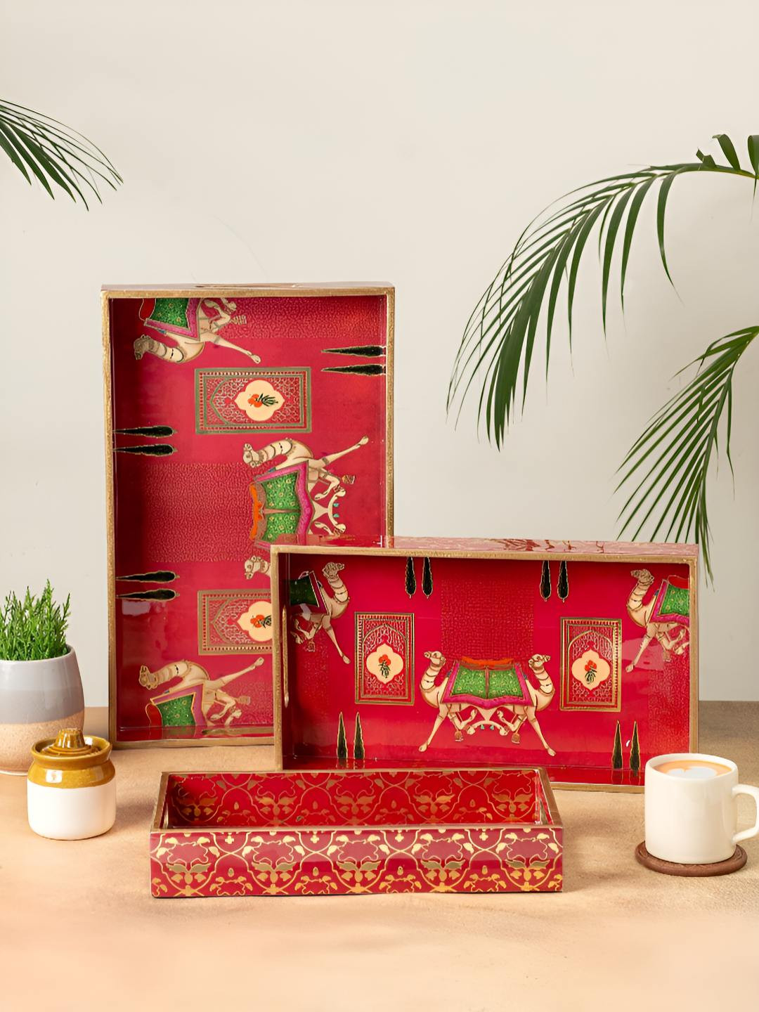 HomeShastra Red & Green 3 Pieces Printed Wooden Rectangle Serving Trays