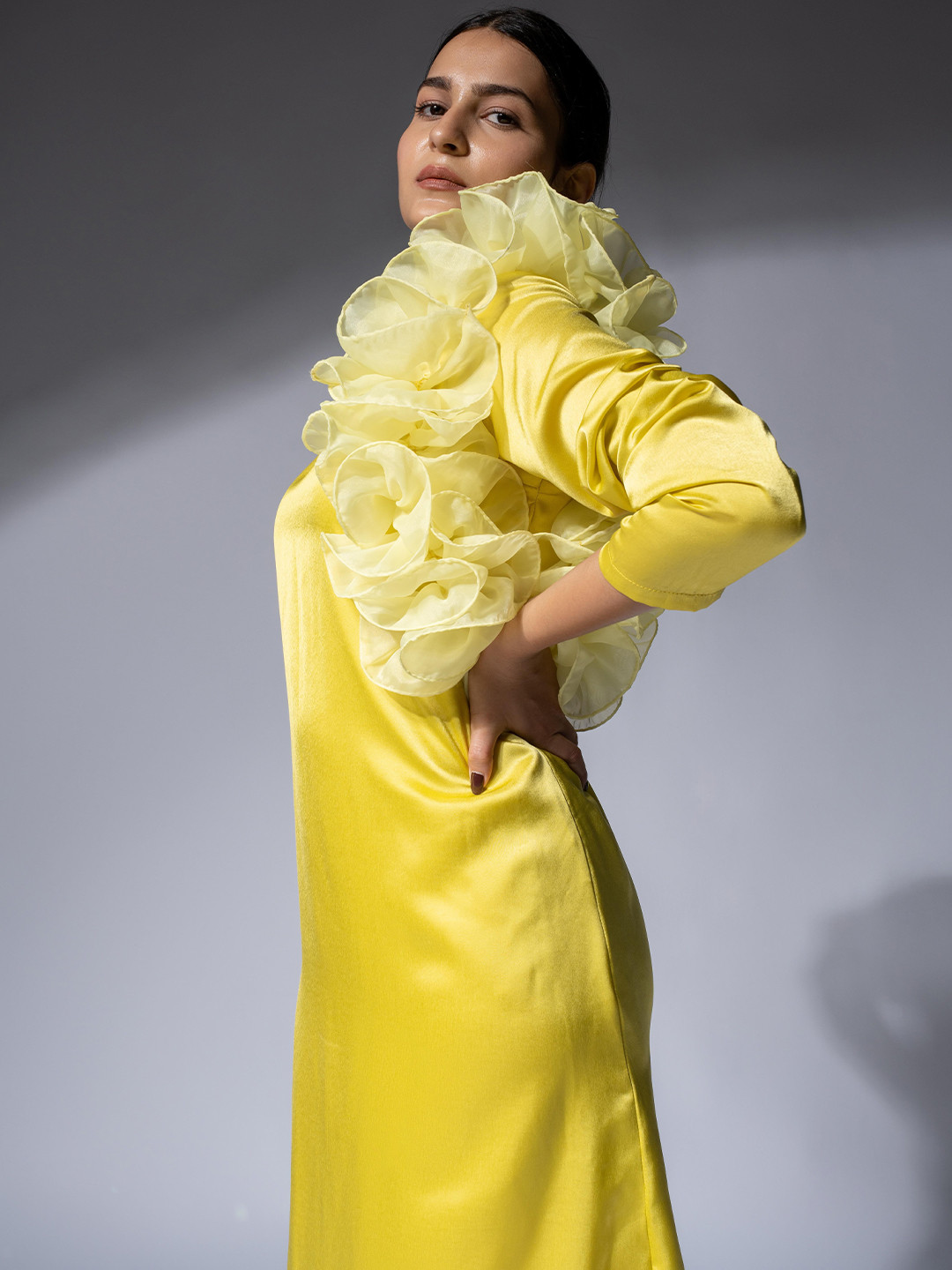 WEAVING CULT Yellow Blair Ruffle Detailing Midi Dress