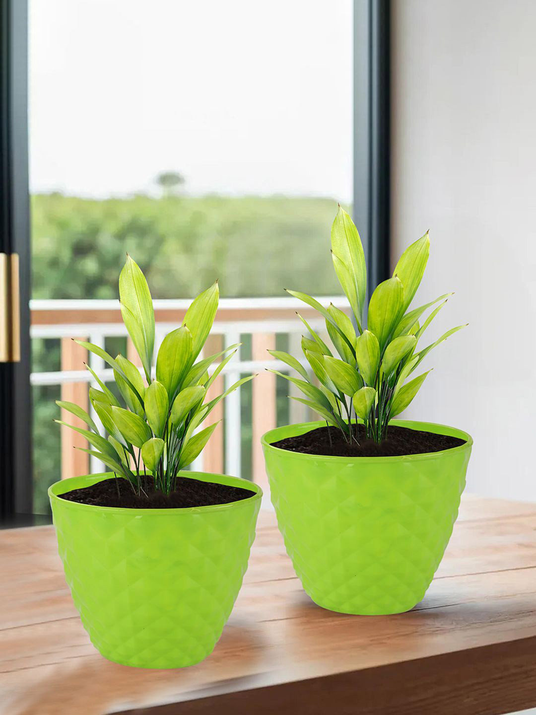 Kuber Industries Green 4 Pieces Diamond Pattern Flower Pots for Garden