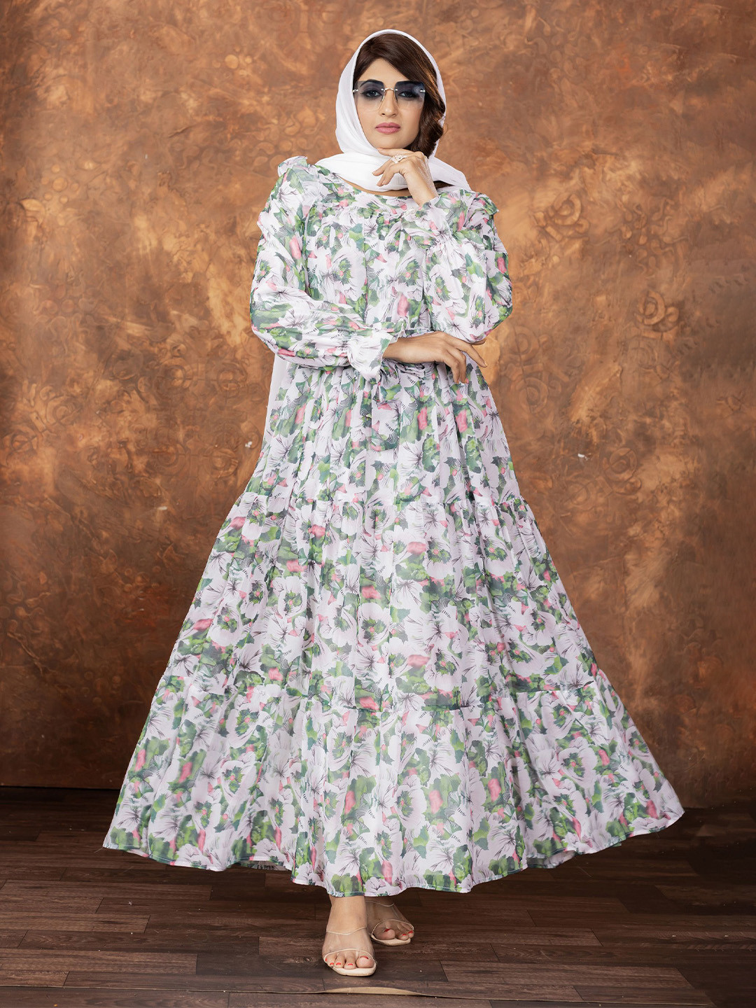 SARINKU Floral Print Georgette Fit & Flare Maxi Dress