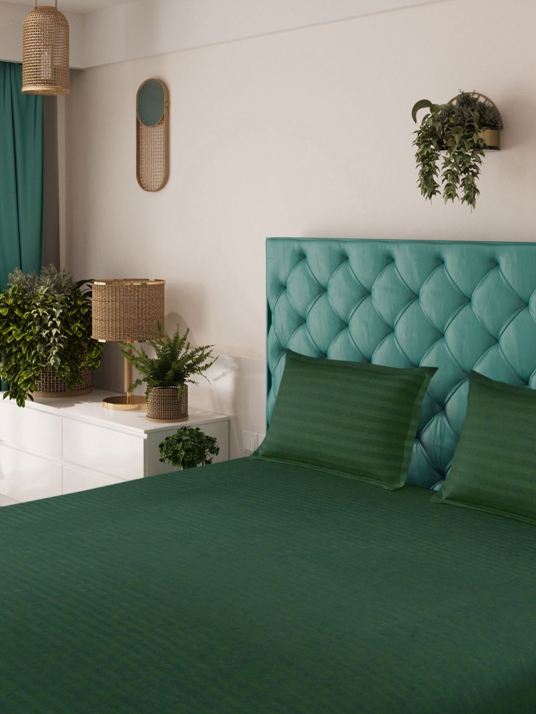 Status Green Striped Microfiber 144 TC Fitted King Bedsheet with 2 Pillow Covers-330 x 220 cm