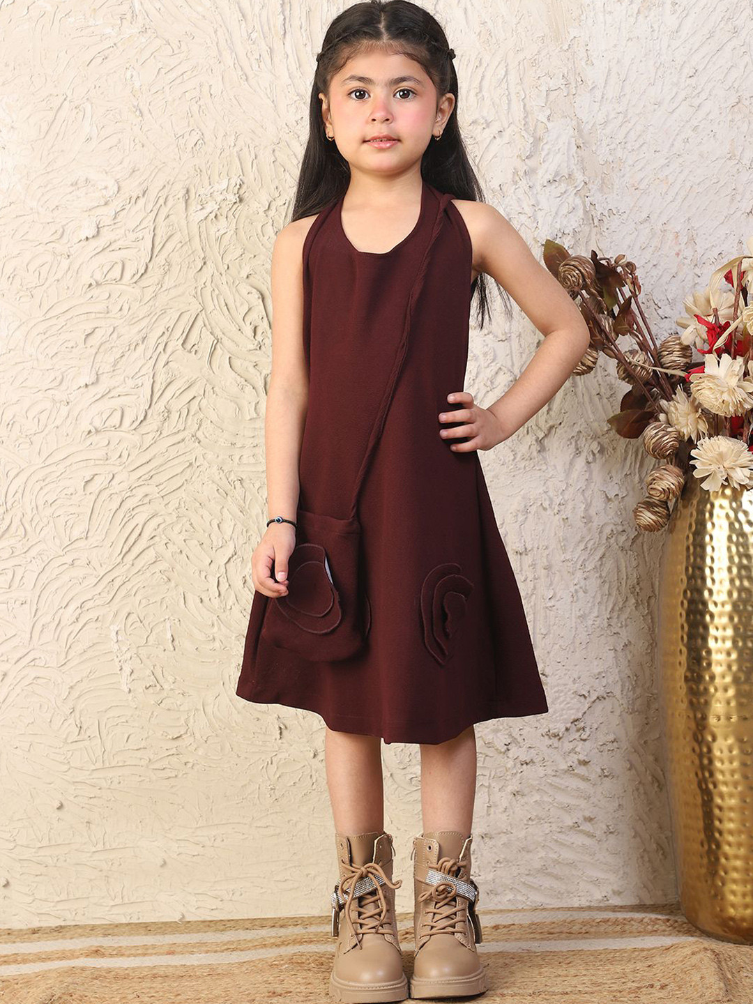 NEUDIS Girls Halter Neck Sleeveless Backless A-Line Dress  with Bag