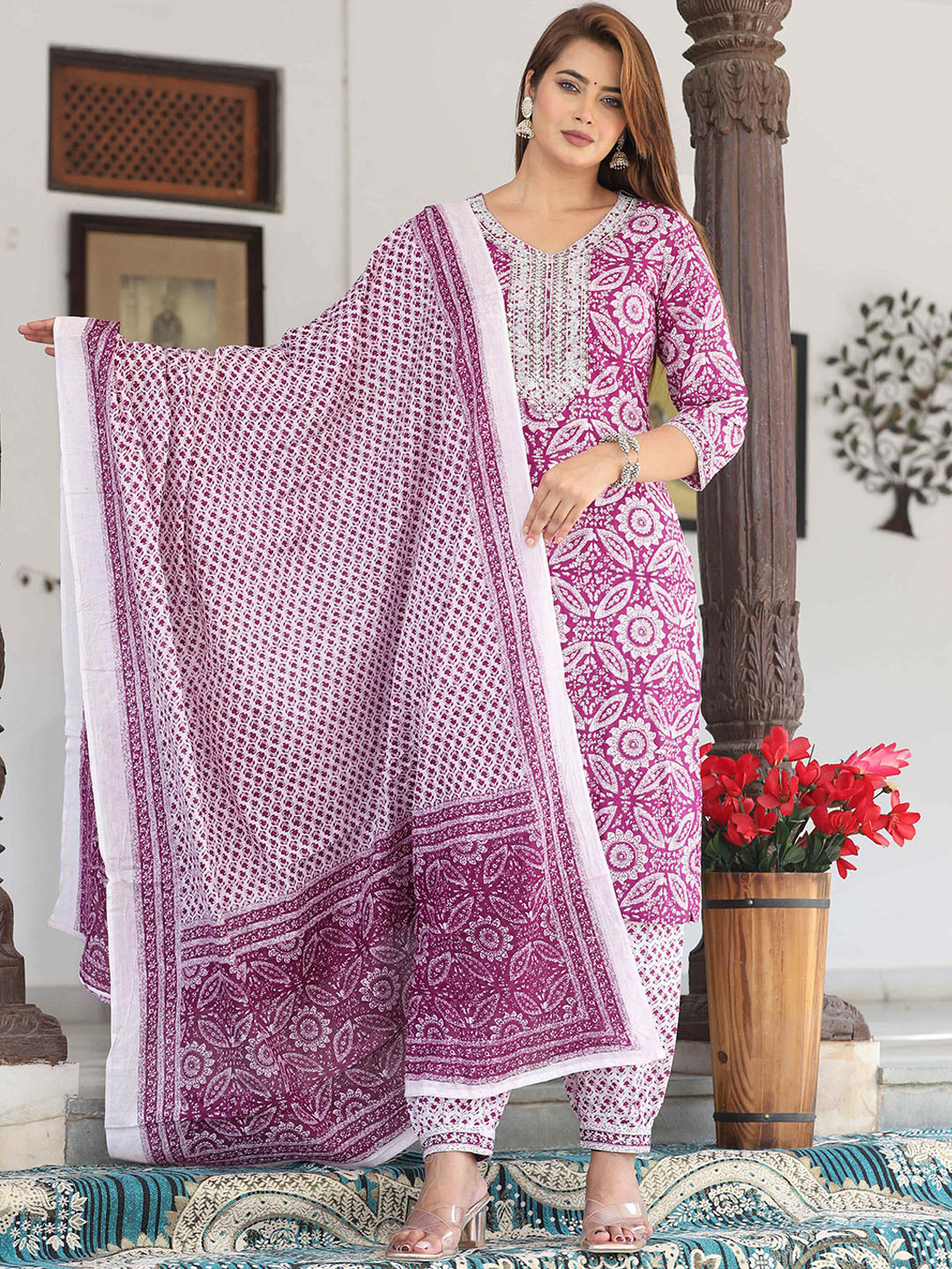 RI AND SU Floral Embroidered V-Neck Pure Cotton Straight Kurta With Salwar & Dupatta