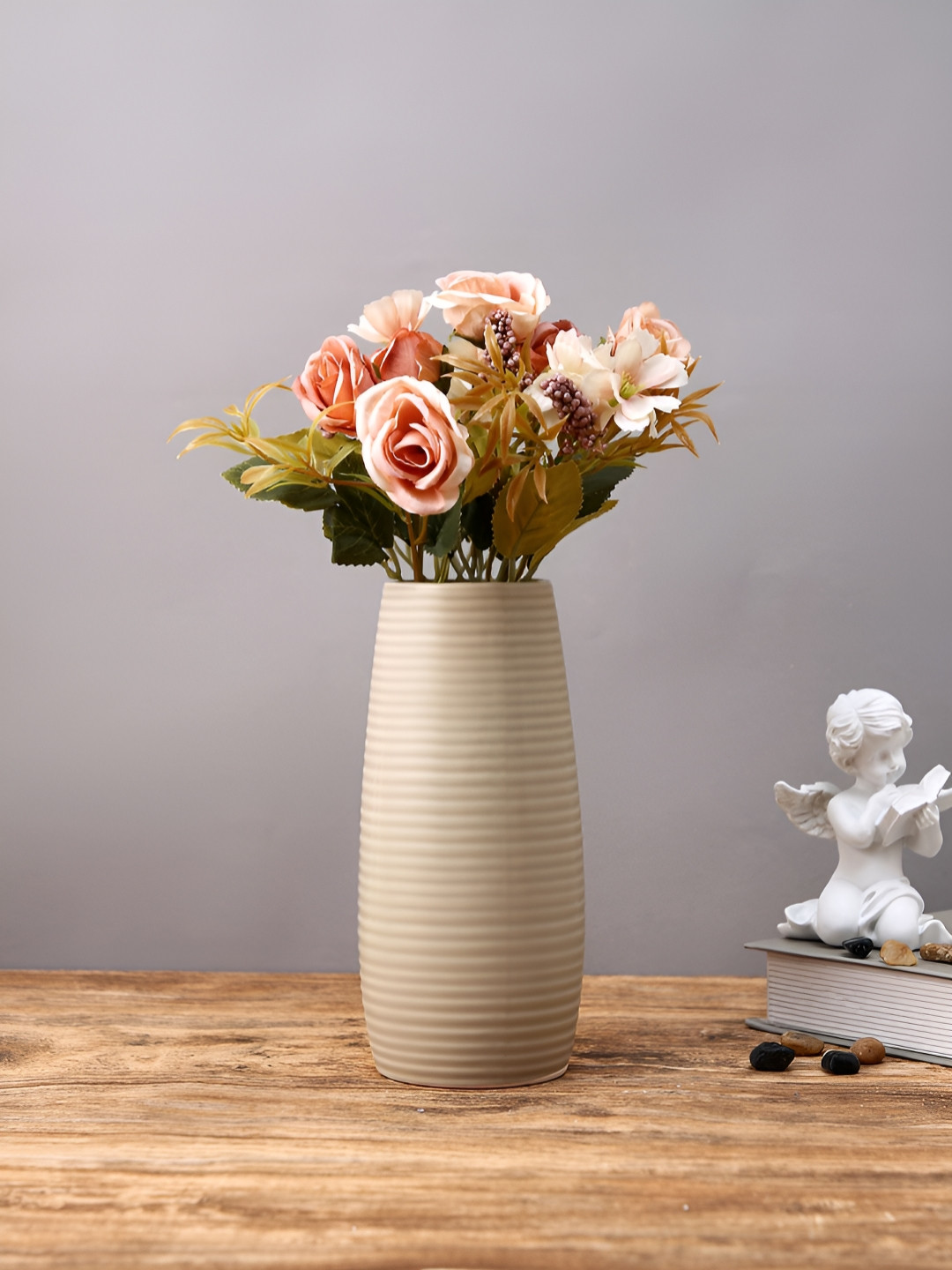 TAYHAA Peach And Green 2 Pieces Rose Artificial Flowers With Pot