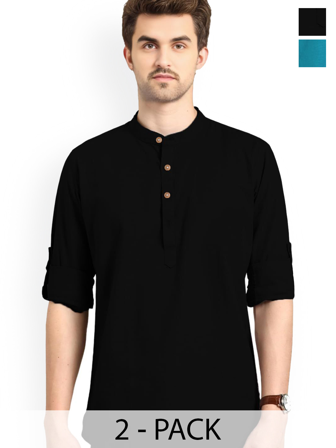 Vida Loca Selection Of 2 Cotton Slim Fit Mandarin Collar Short Kurtas