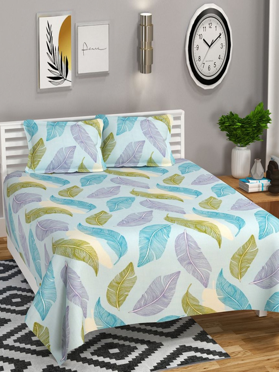 bsb home Cotton Kingaton Green Printed Cotton 210 TC King Bedsheet Set 2.74 m x 2.74 m