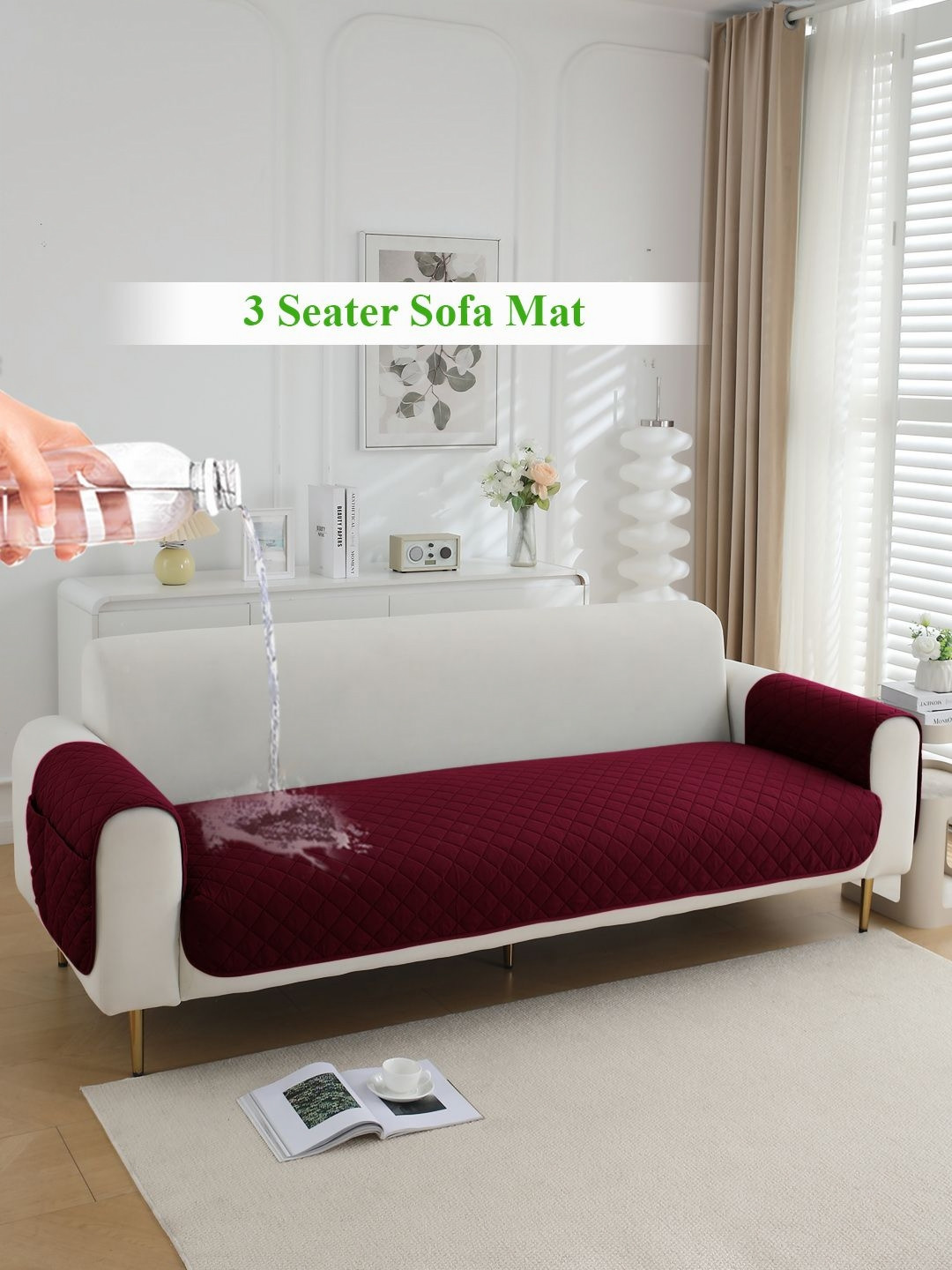 HOKIPO Burgundy Quilted Waterproof 3 Seater Sofa Seat Mat & 2 Armrest Covers With Pockets