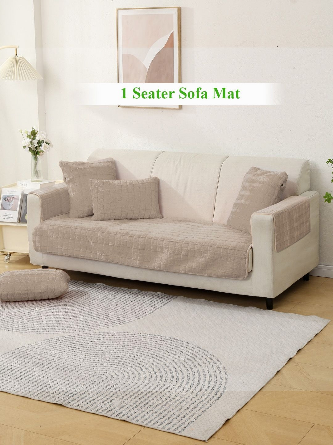 HOKIPO Beige Plush Anti Slip 1 Seater Sofa Seat Mat & 2 Armrest Covers