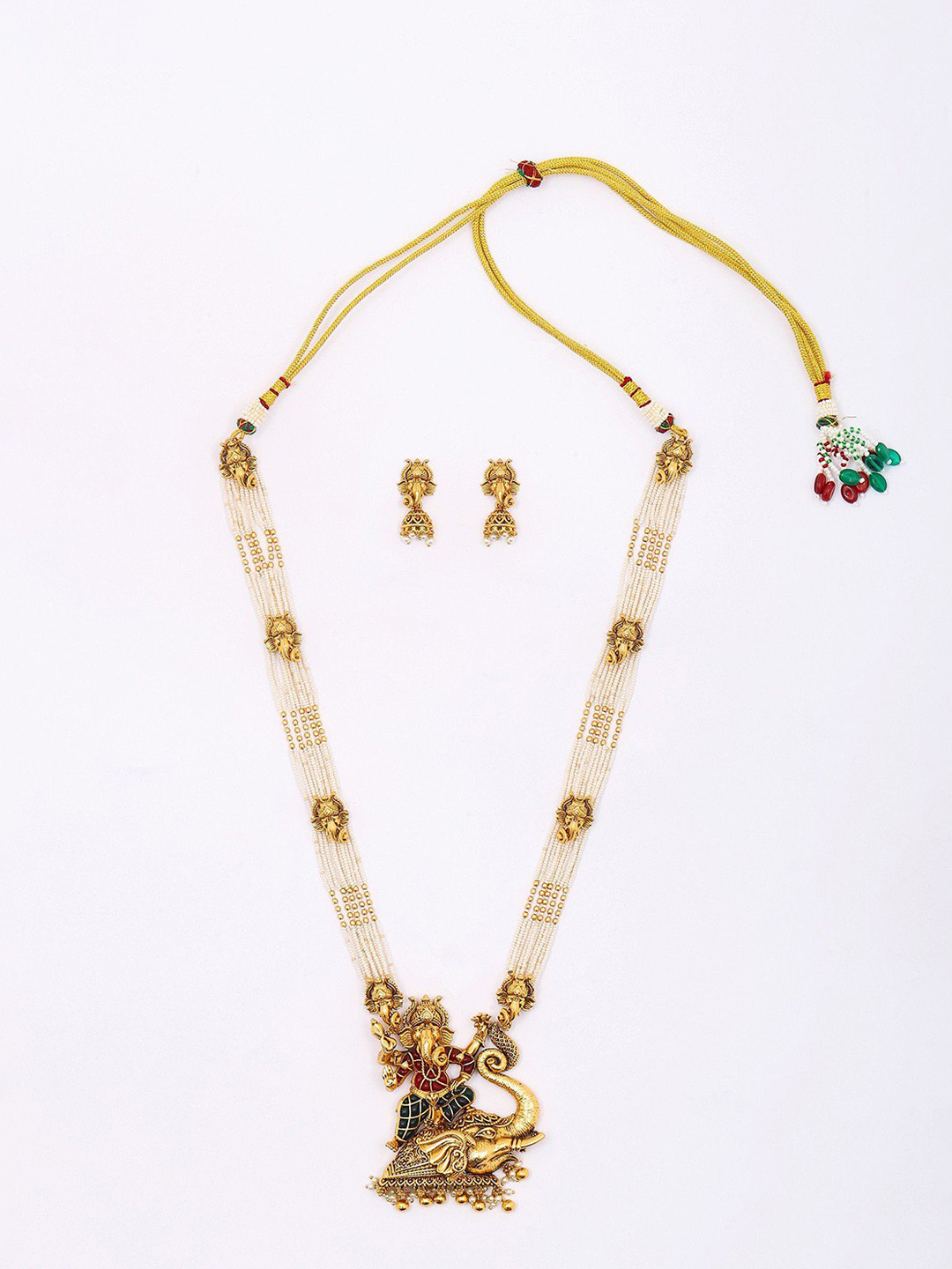 Exotic India Beaded Blessing Lord Ganesha Long Necklace Set With Earrings