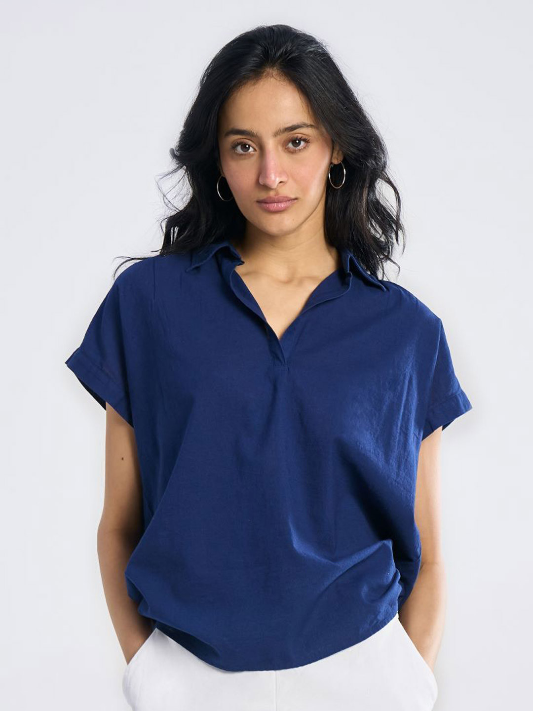 Terra Luna Mandarin Collar Flutter Sleeve Cotton Top