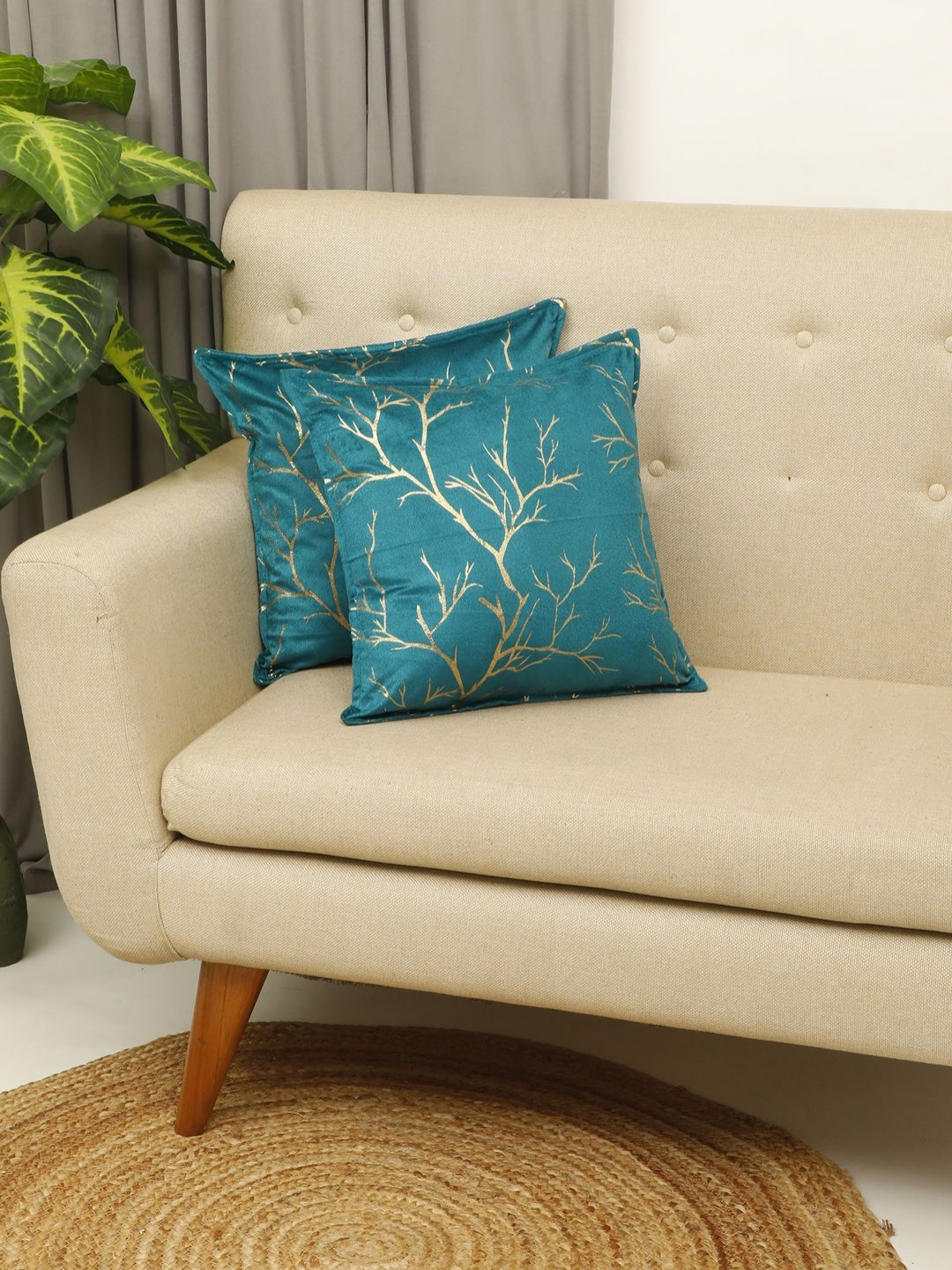THE CONVERSION Turquoise Blue 2 Pieces Floral Textured Velvet Square Cushion Covers