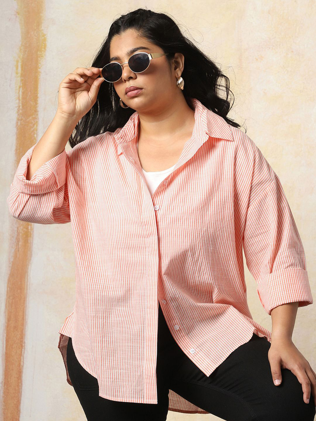 Freeform by High Star Women Oversized Fit Opaque Casual Cotton Striped Shirt