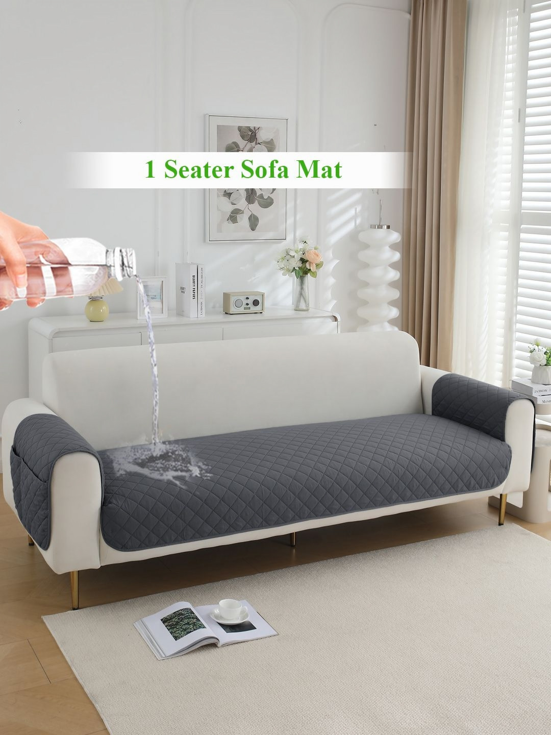 HOKIPO Grey Quilted Waterproof 1 Seater Sofa Seat Mat & 2 Armrest Covers with Pockets