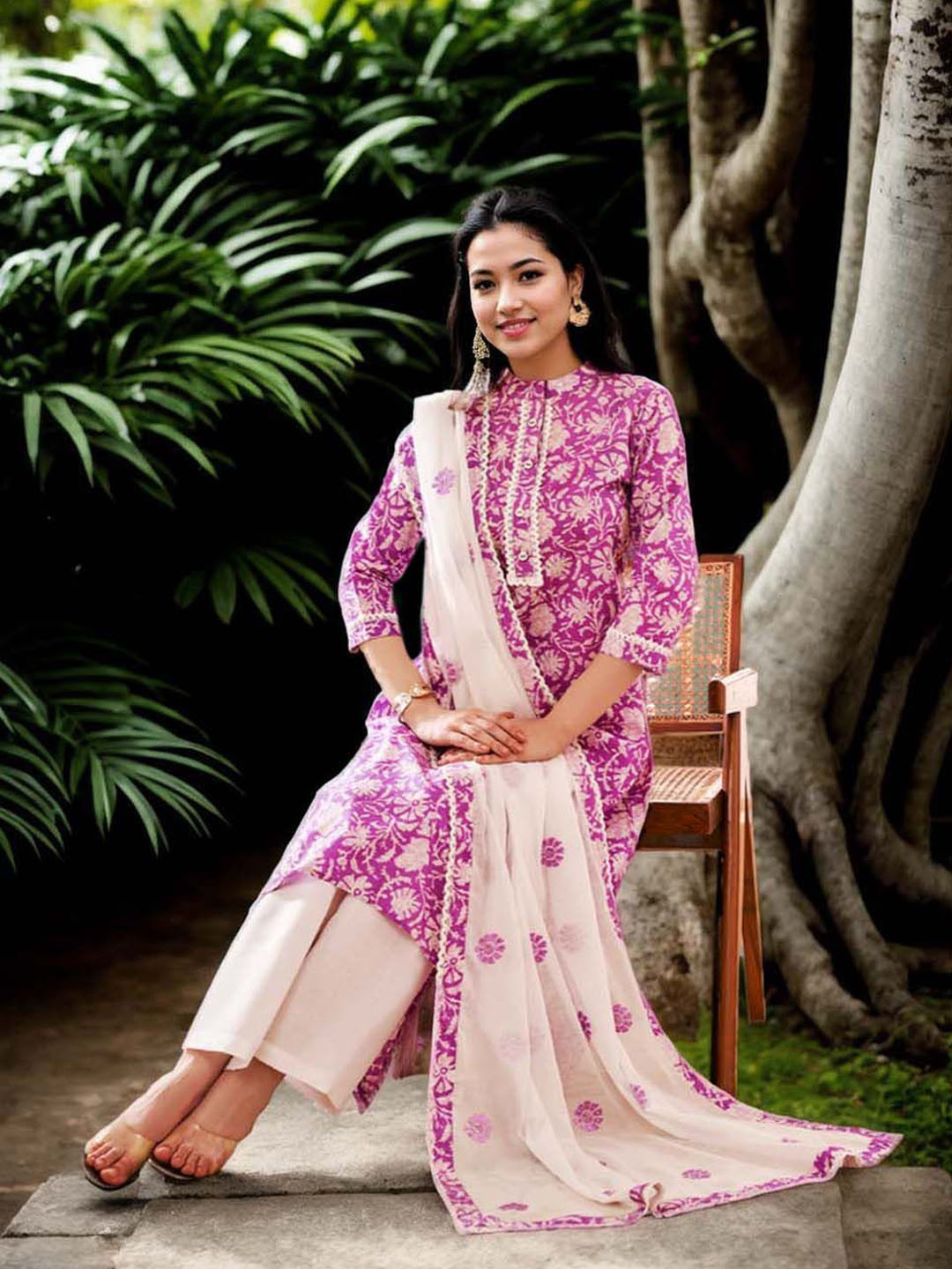 Anouk Floral Printed Band Collar A-Line Pure Cotton Kurta With Palazzos And Dupatta