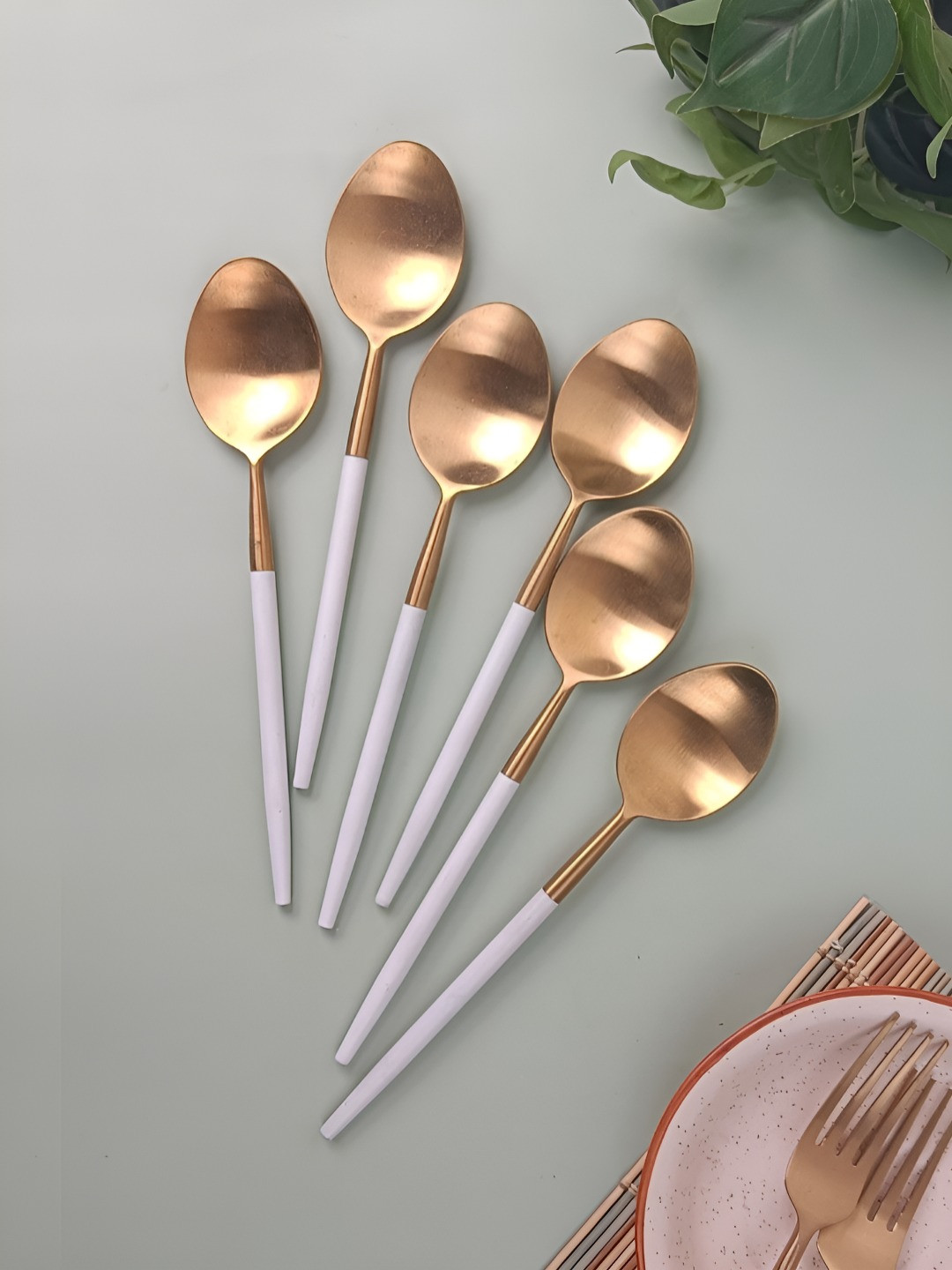 Myntra Elegant Homes Radiant 6 Pieces Gold-Toned And White Stainless Steel Table Spoon