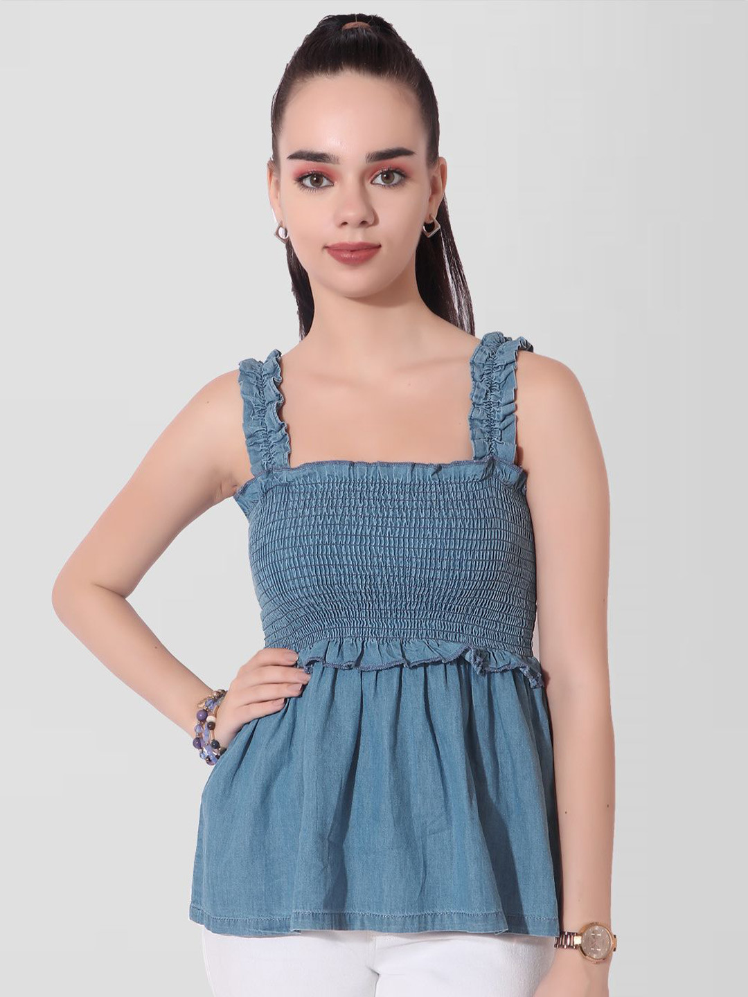 CEFALU Denim Peplum Top