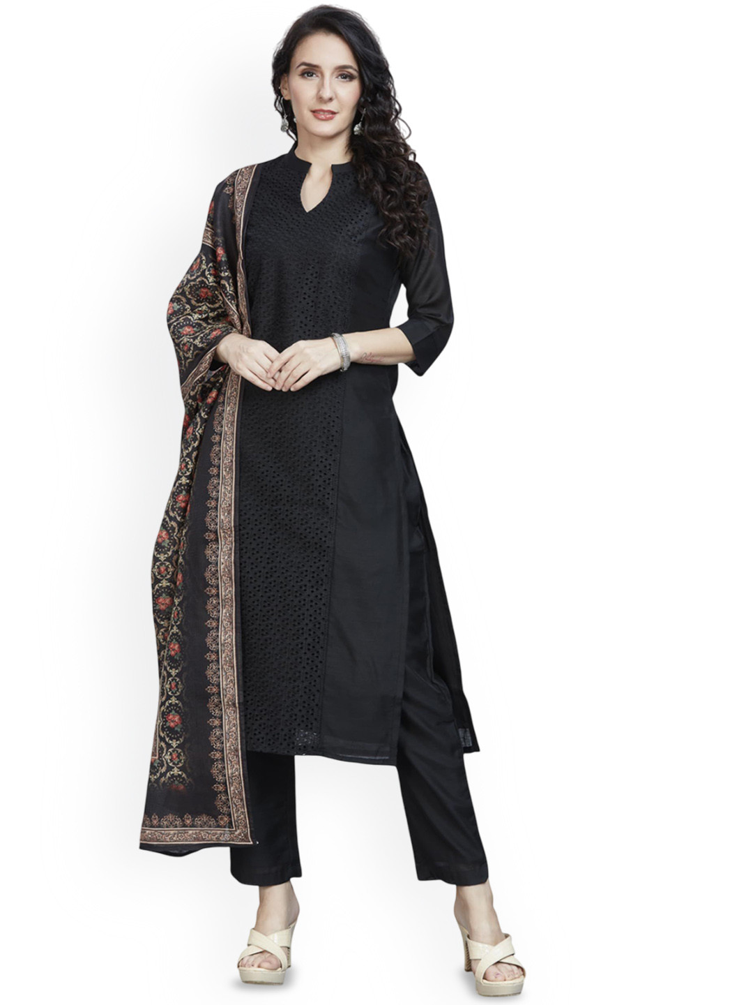 Nioni Geometric Chikankari Chanderi Cotton Kurta With Trouser And Dupatta