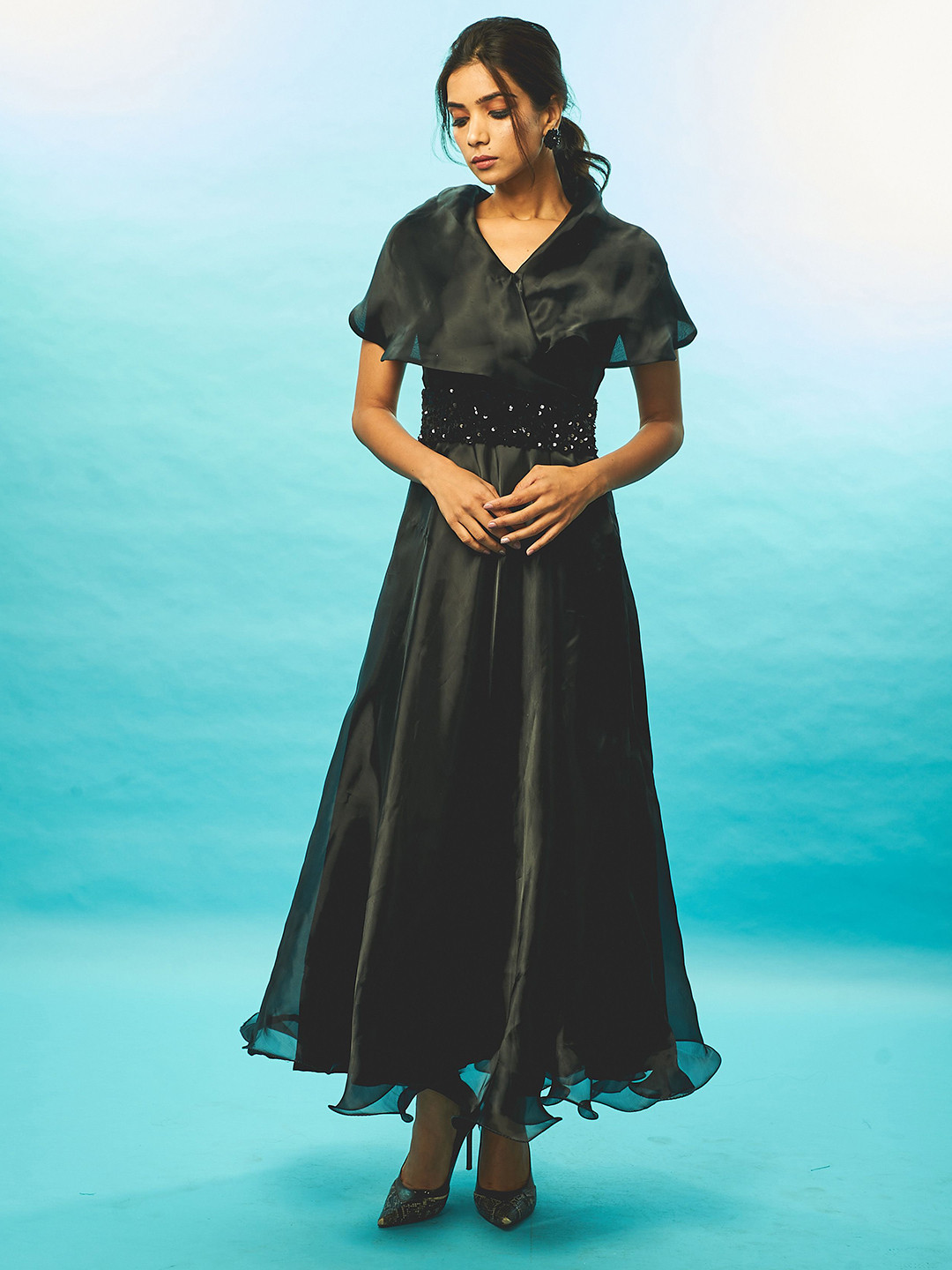 WEAVING CULT Organza Long Feminine Dress with Sequins Belt