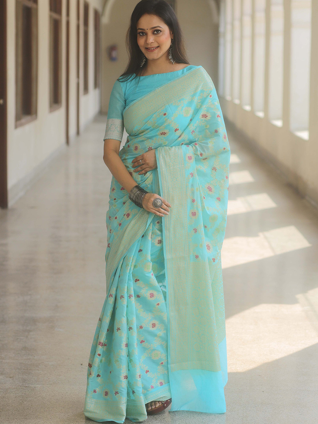 Banarasee Ethnic Motifs Zari Silk Cotton Banarasi Saree