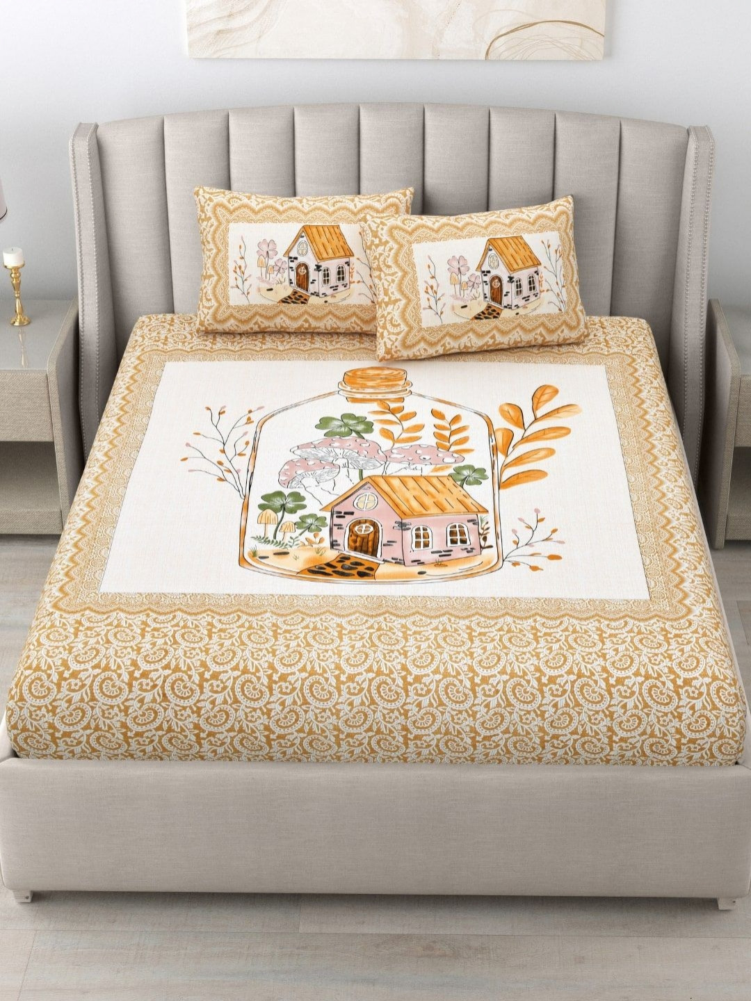 JAIPUR FABRIC Orange Floral Cotton 180 TC King Fine Bedsheet with 2 Pillow Covers-274 x 228 cm