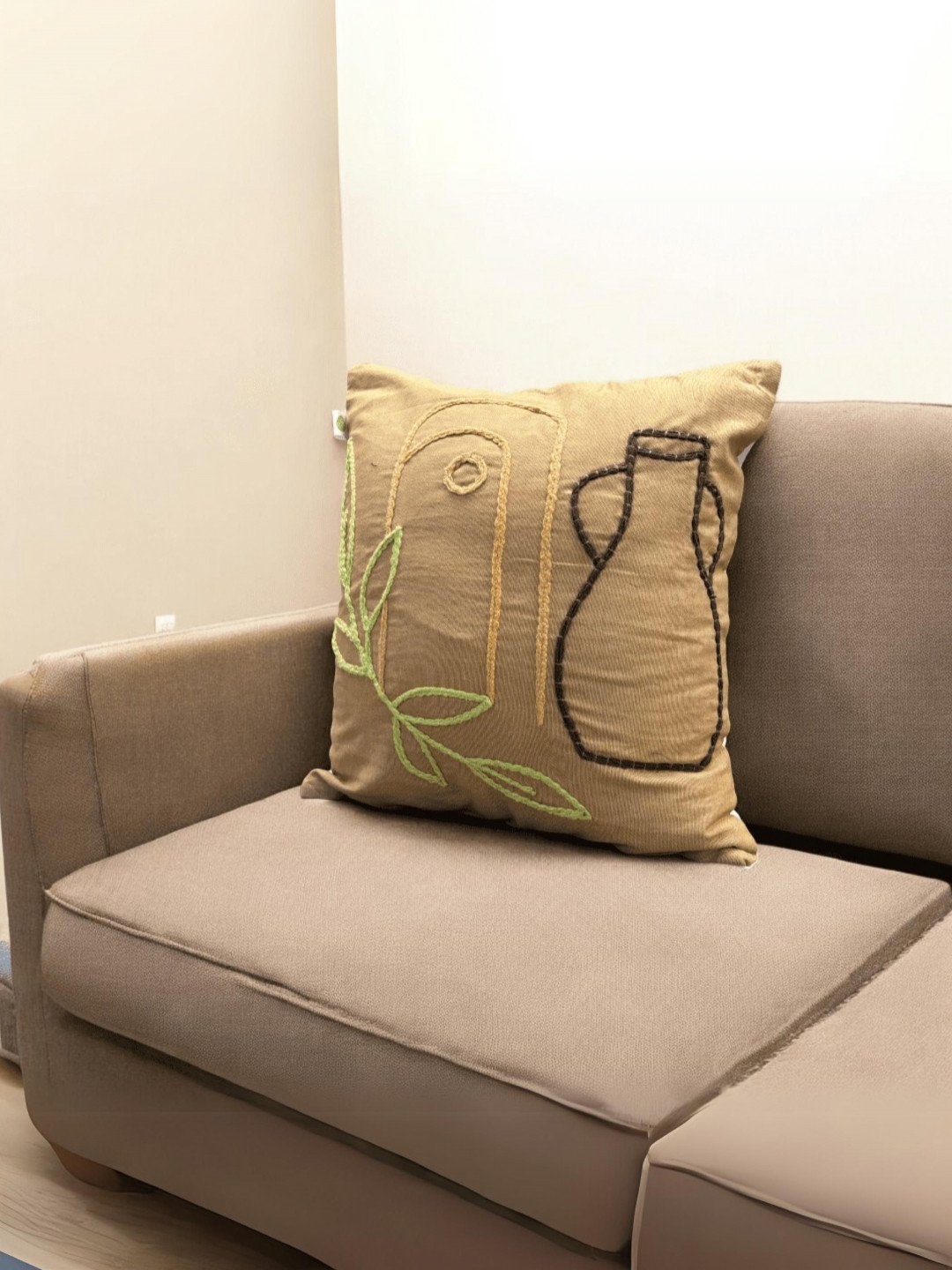 LUSHLYF Tufted Beige & Green Boho Floral Embroidered Cotton Square Cushion Covers