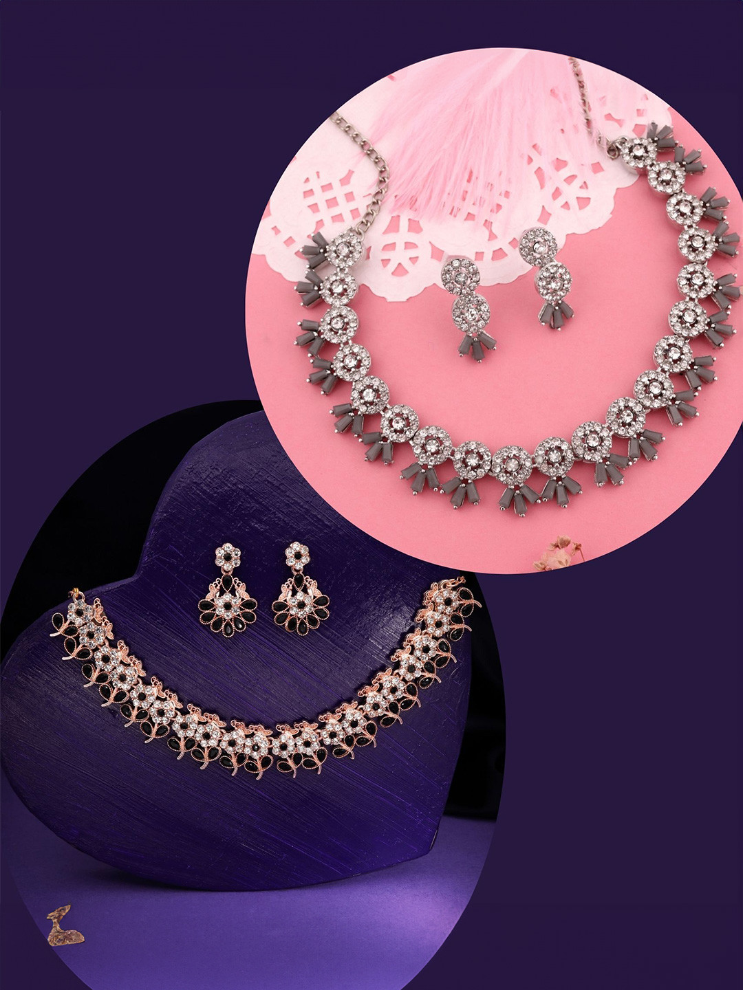 DIVASTRI Pack Of 2 Silver And Rose Gold Plated American Diamond And Beaded Jewellery Set