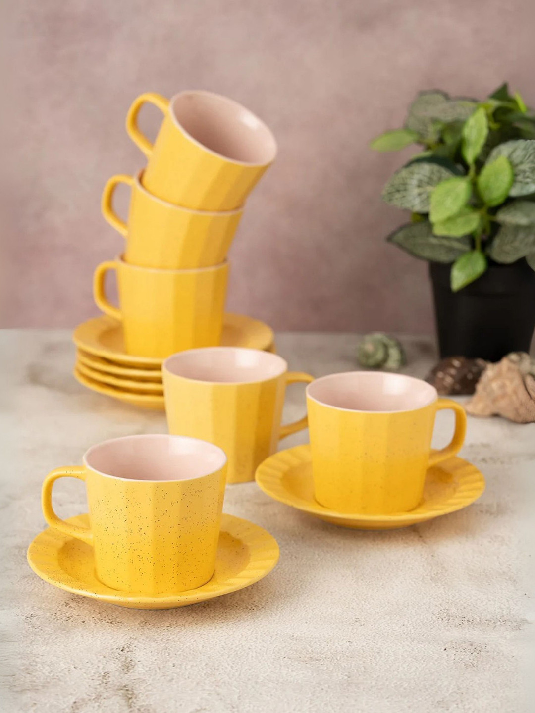 Clay Craft Fine Ceramic Armada Mustard & Pink Cups & Saucer, Set Of 12, Cups For Tea