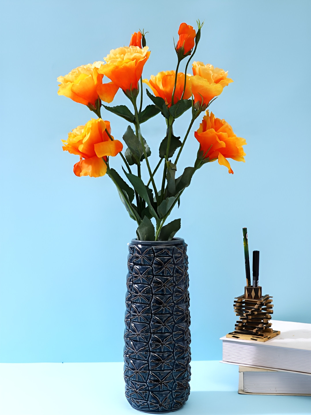 TAYHAA Orange & Green 2 Pieces Carnation Stems Artificial Flower