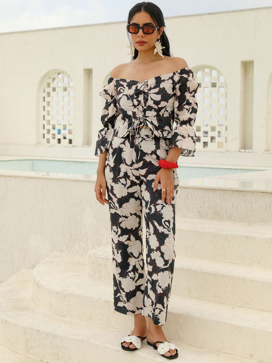 YA-SA Floral Printed Pure Cotton Off-Shoulder Top With Trousers