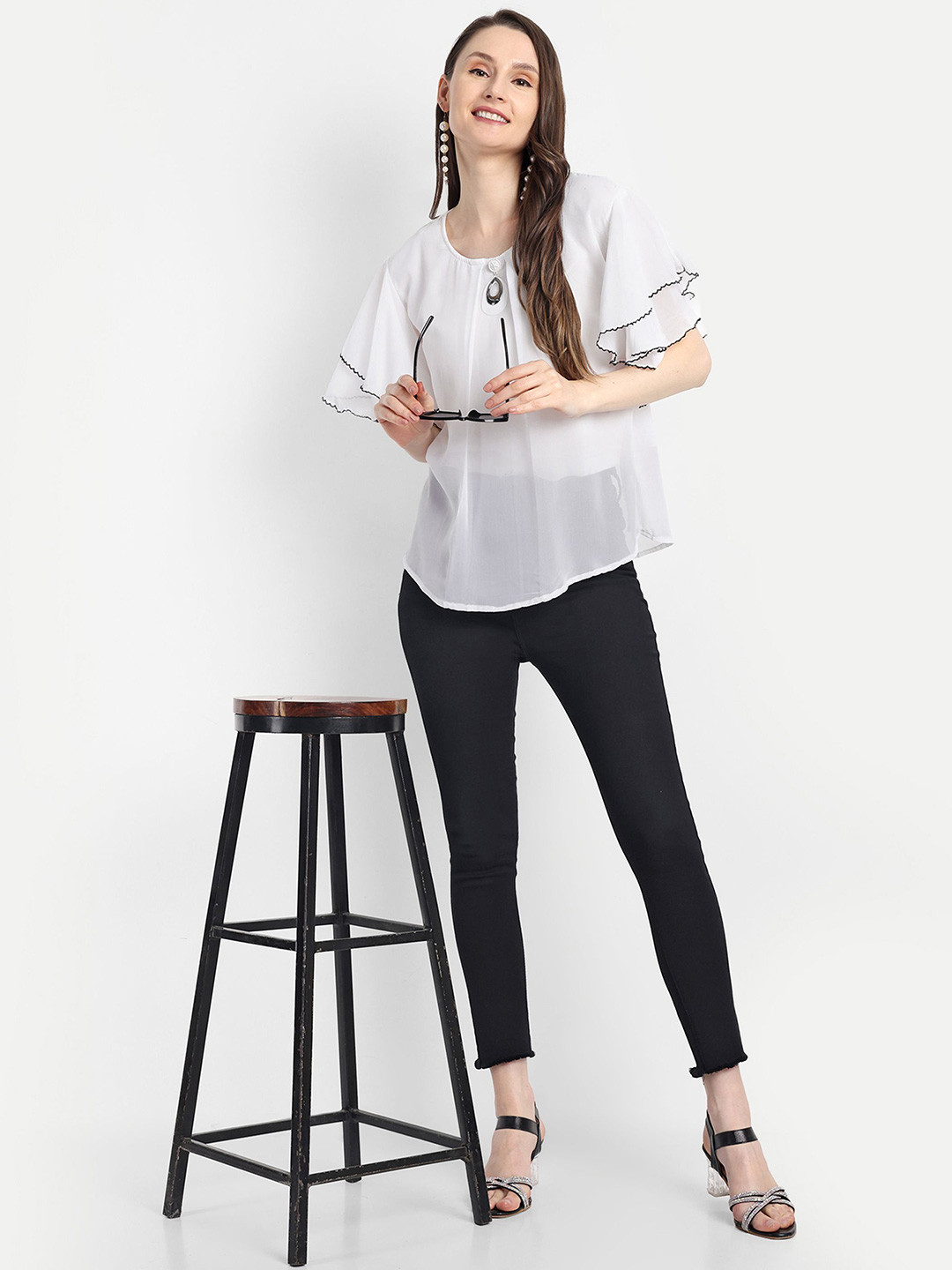 HAUTEMODA Solid Flared Sleeves Georgette Top