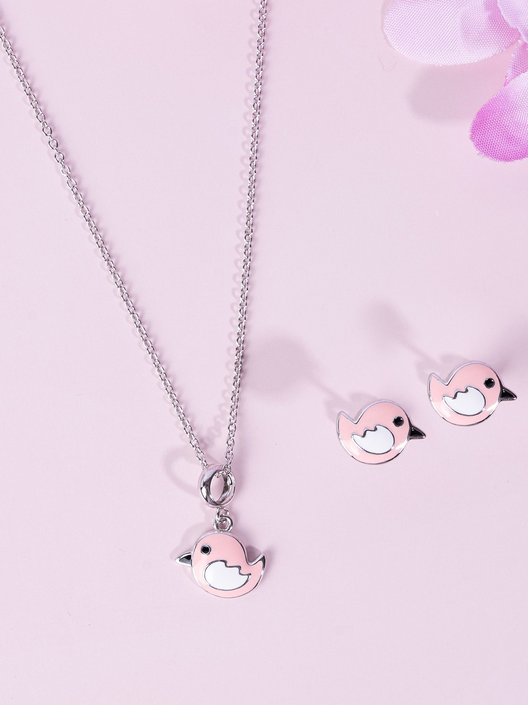 GLYTERS 925 Sterling Silver Rhodium-Plated Chirpy Charm Jewellery Set