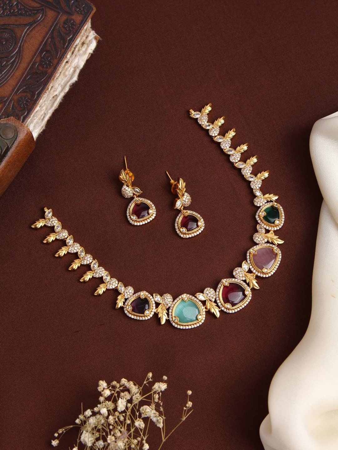 Kattam Gold Plated Megha Multi Stone Leaf Choker