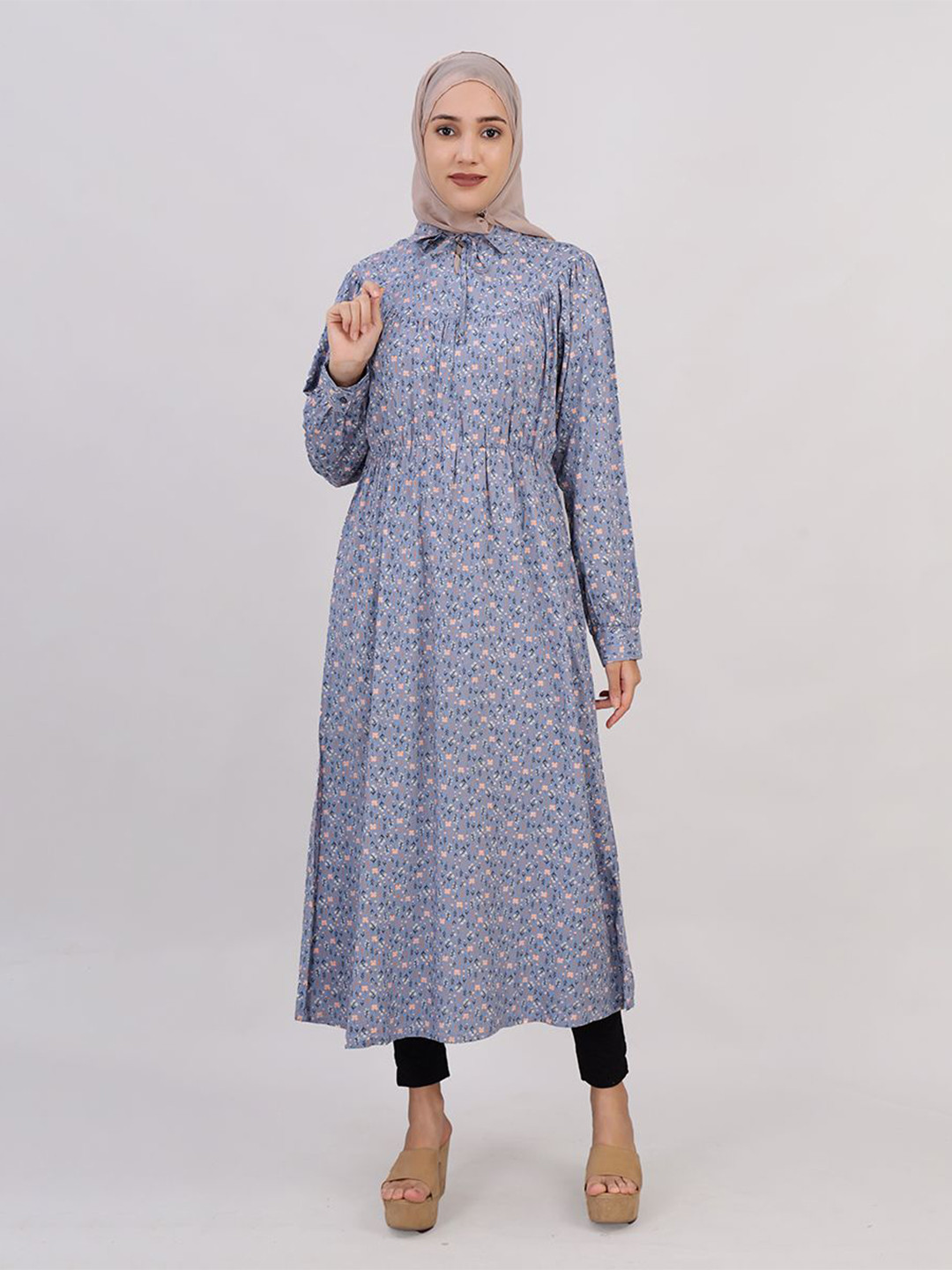 IDH London Floral Print Mandarin Collar Maxi Longline Top