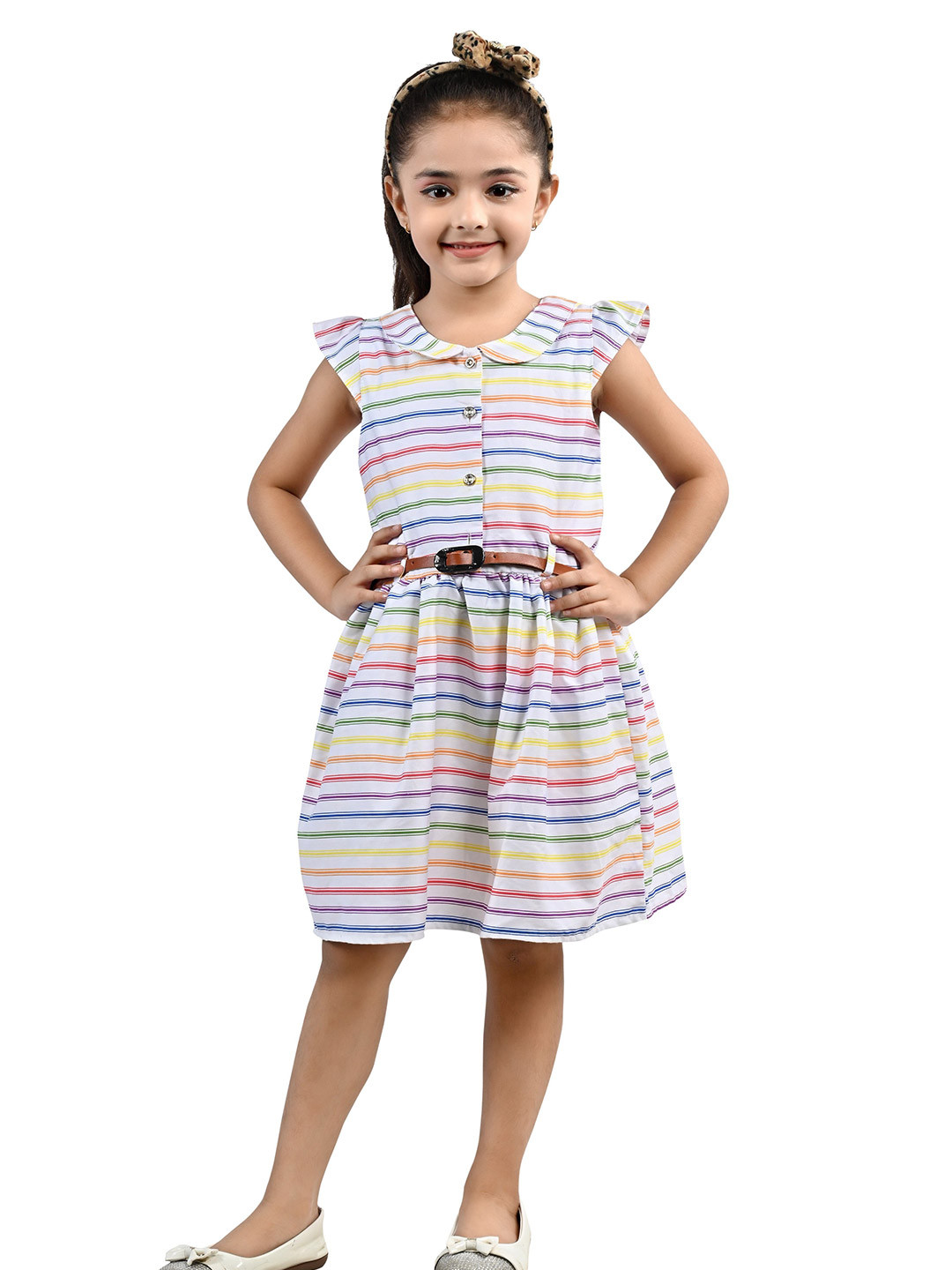 Miss & Chief Girls Candy Stripes Peter Pan Collar Cap Sleeves Cotton Shirt Dress
