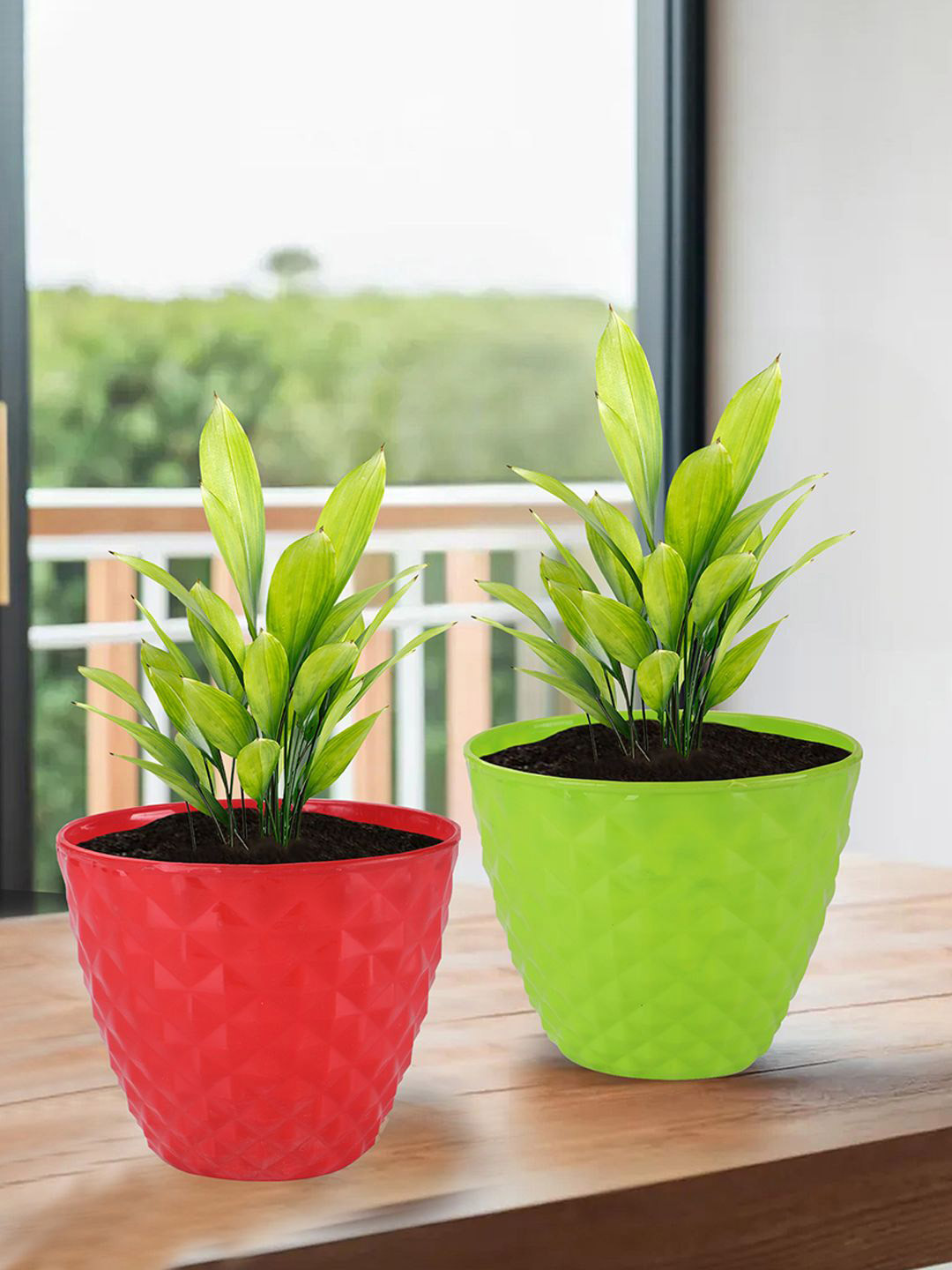 Kuber Industries Red & Blue 4 Pieces Diamond Pattern Flower Pots for Garden