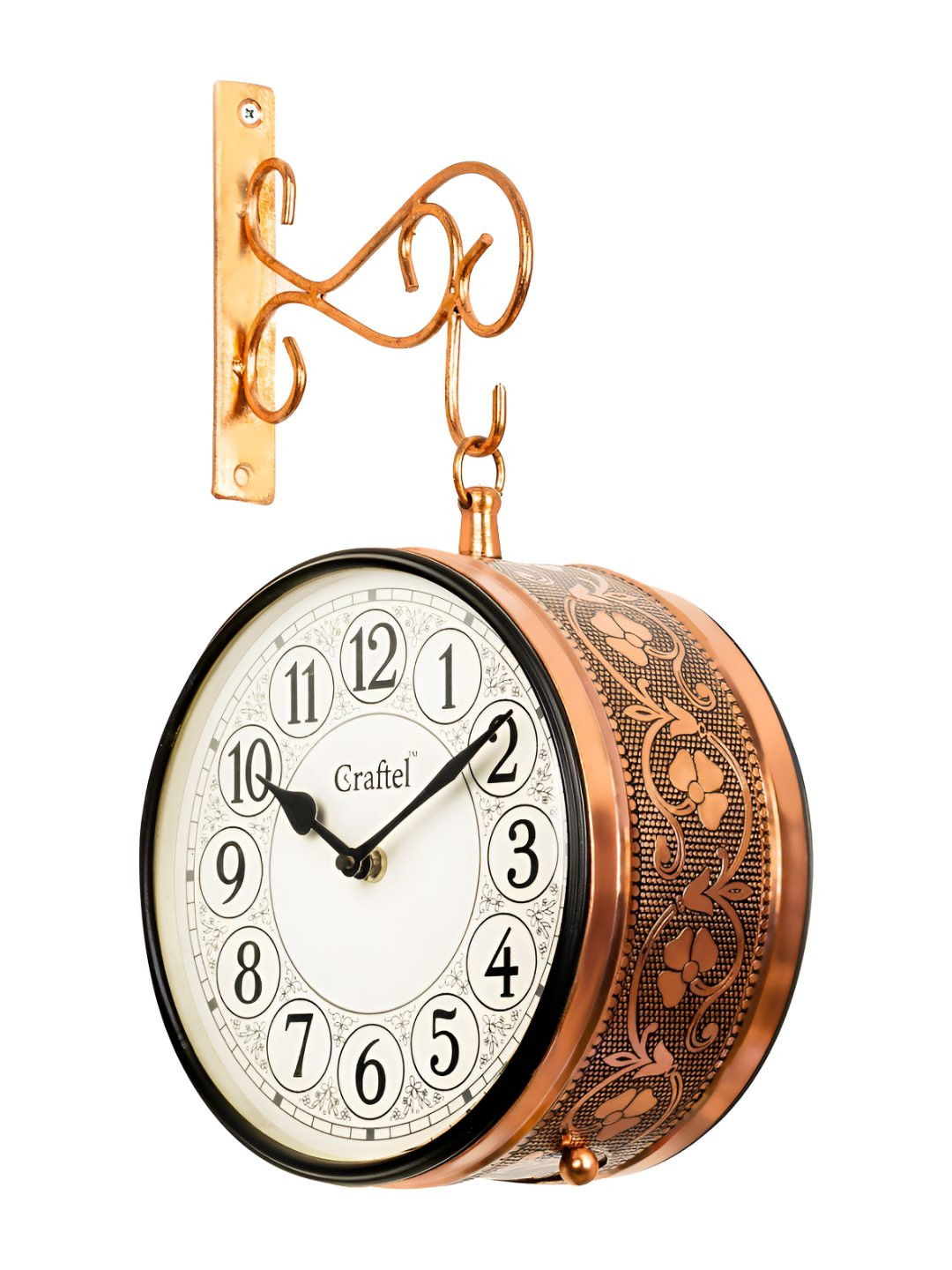 CRAFTEL Rose Gold-Toned Floral Textured Analogue Metal Round Vintage Wall Clock