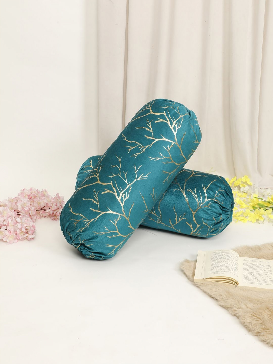 THE CONVERSION Turquoise Blue 2 Pieces Self Design Printed Velvet Foil Work Bolster Covers
