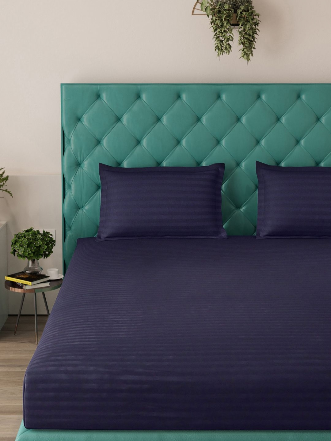 Status Navy Blue Striped Microfiber 144 TC Fitted King Bedsheet with 2 Pillow Covers-130 x 87 inches