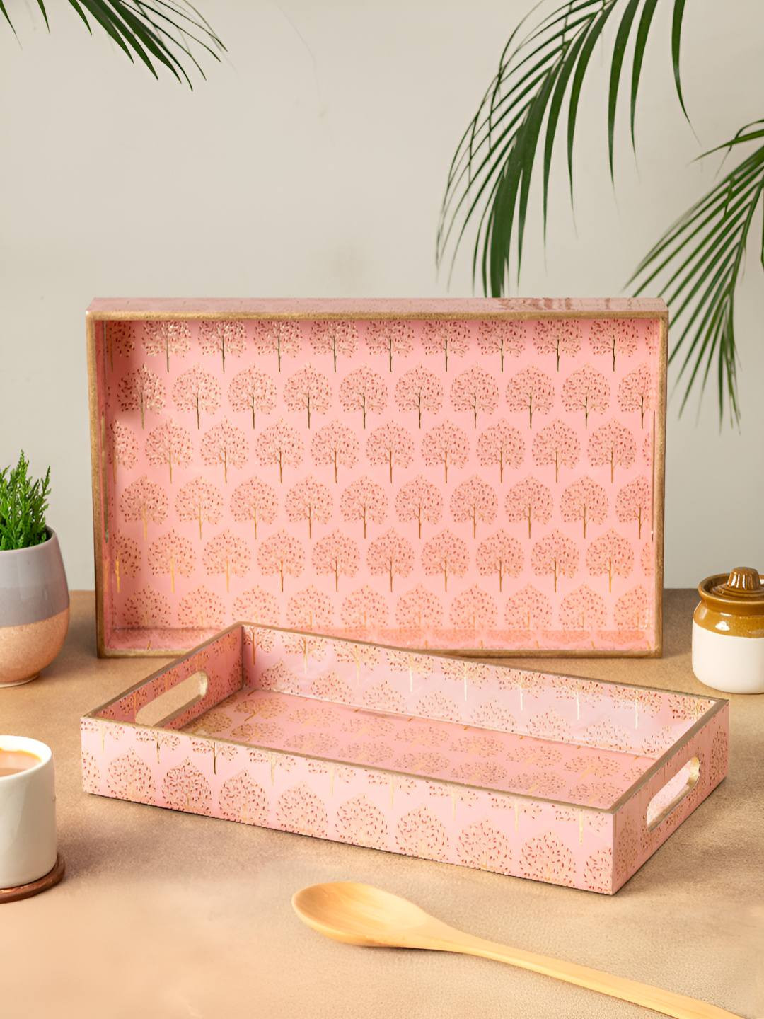 HomeShastra Pink & Yellow 2 Pieces Tree Floral Printed Wooden Serving Trays
