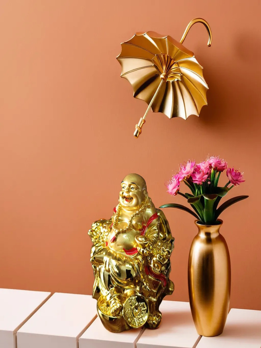 SANKALAN CREATIONS Buddha with Umbrella Gold Marble Metallic Home Office Medium Showpiece - 3.1 Inches