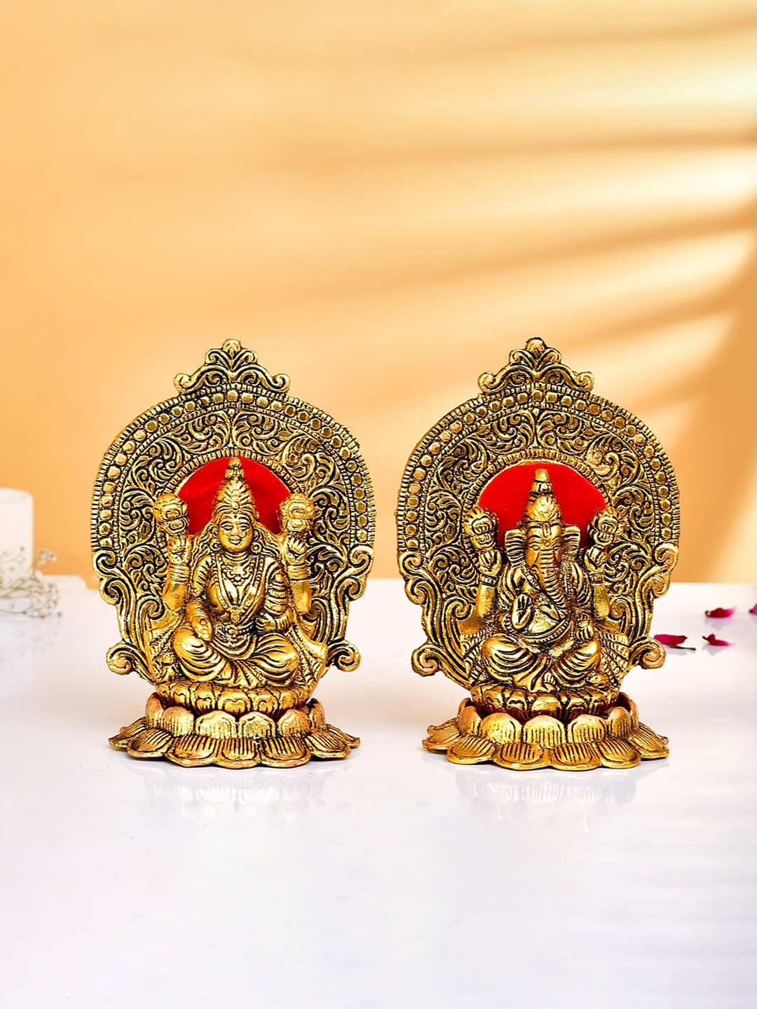 CRAFTAM Gold-Toned and Red Laxmi Ganesh on Lotus Singhasgan Metal Religious Idol Showpiece