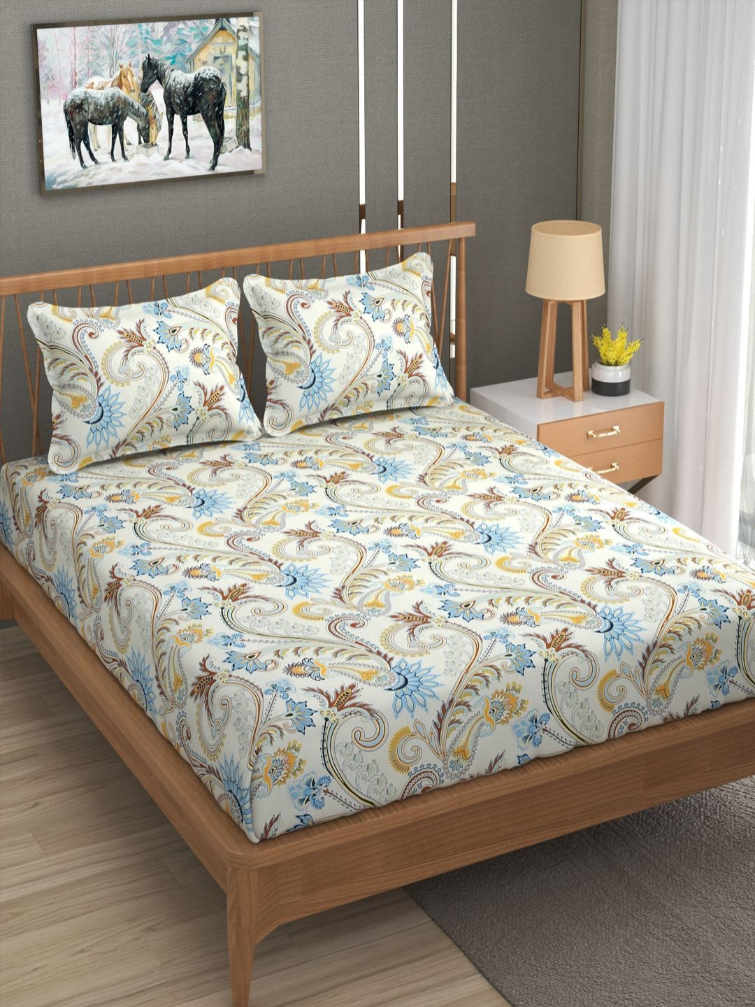 AVI Printed Signature Off White Ethnic Motifs Polycotton 180 TC Double Fine Bedsheet with 2 Pillow Covers-60 x 90 inches
