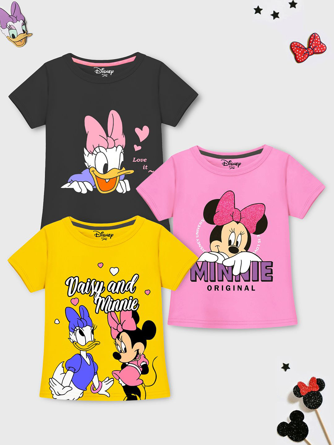 YK Disney Girls Pack of 3 Minnie & Daisy Graphic Printed T-Shirts