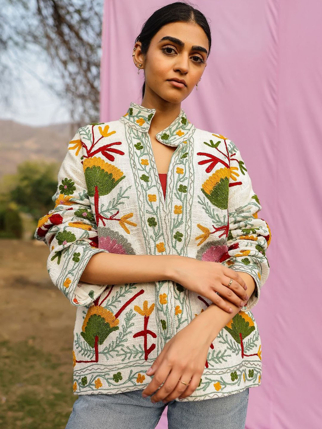 Gulaal Women Floral Lightweight Antimicrobial Open Front Jacket with Embroidered