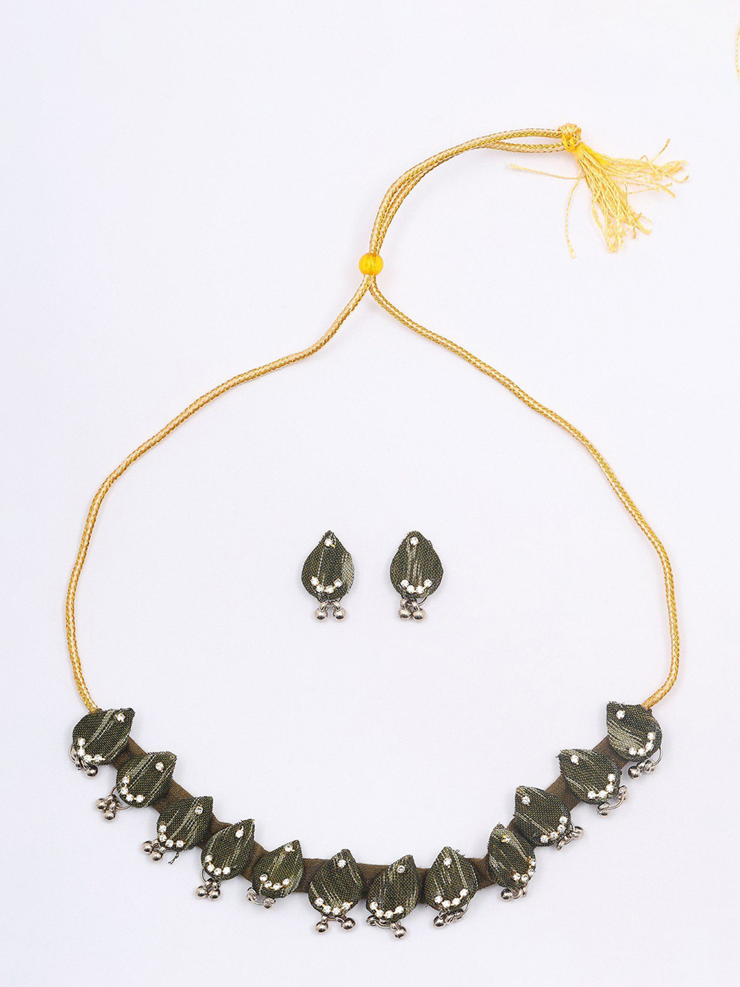 Exotic India Stone Studded Sambalpuri Fabric Choker Set with Earrings with Dangling Beads