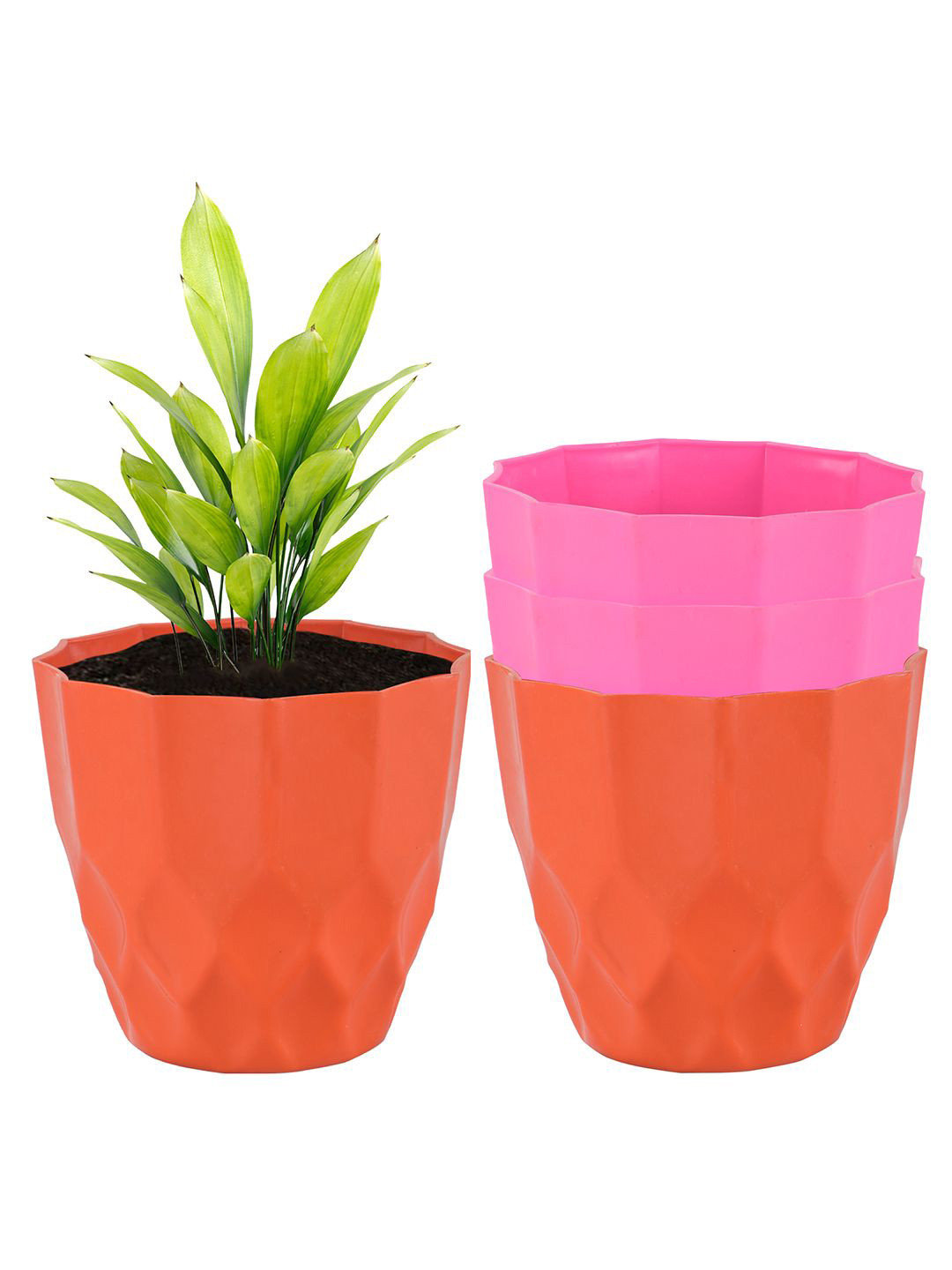 Kuber Industries Pink & Orange Colored 4 Pieces Textured Flower Pots Planters