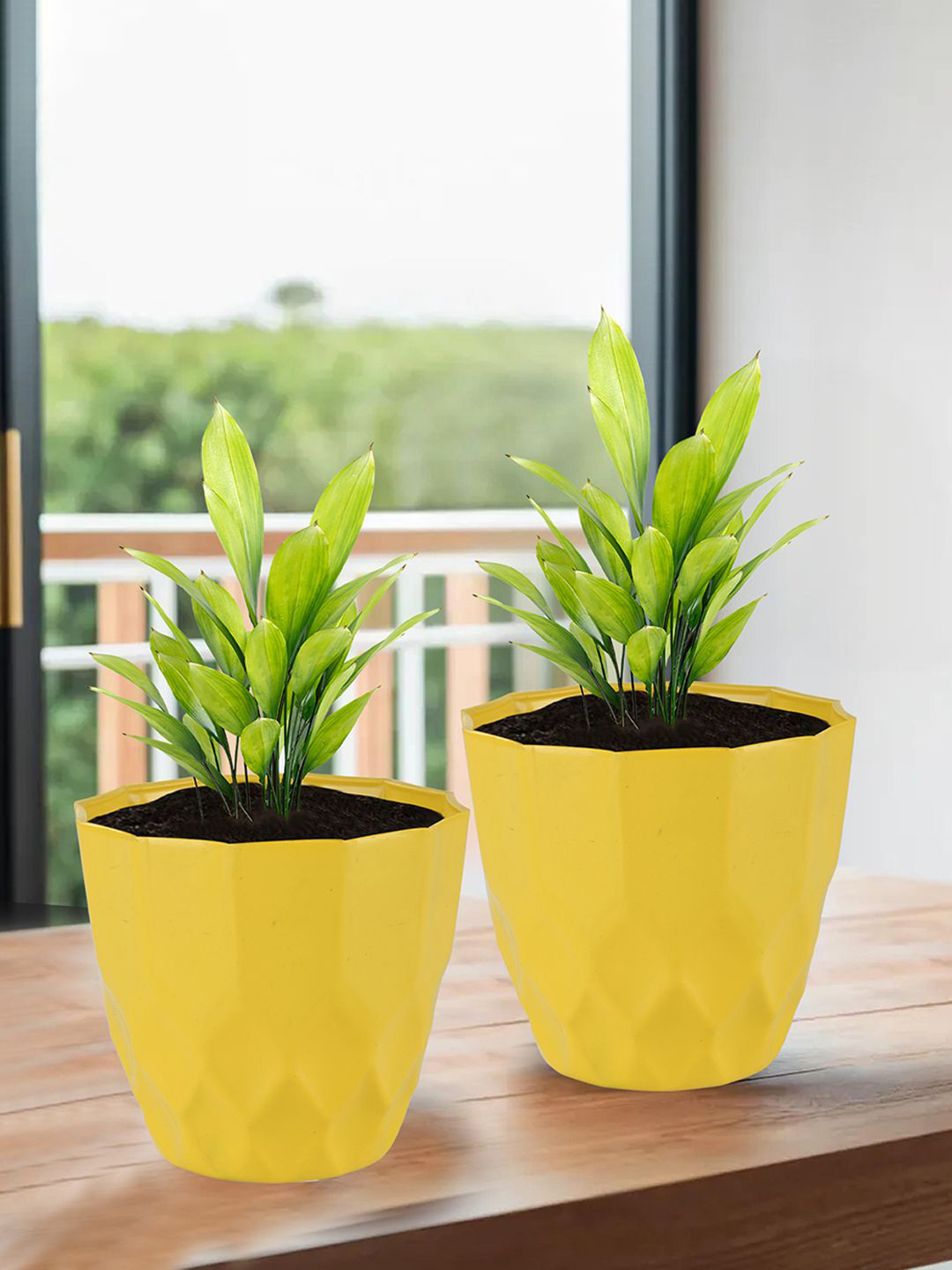 Kuber Industries 3 Pieces Yellow Textured Flower Pot Planters