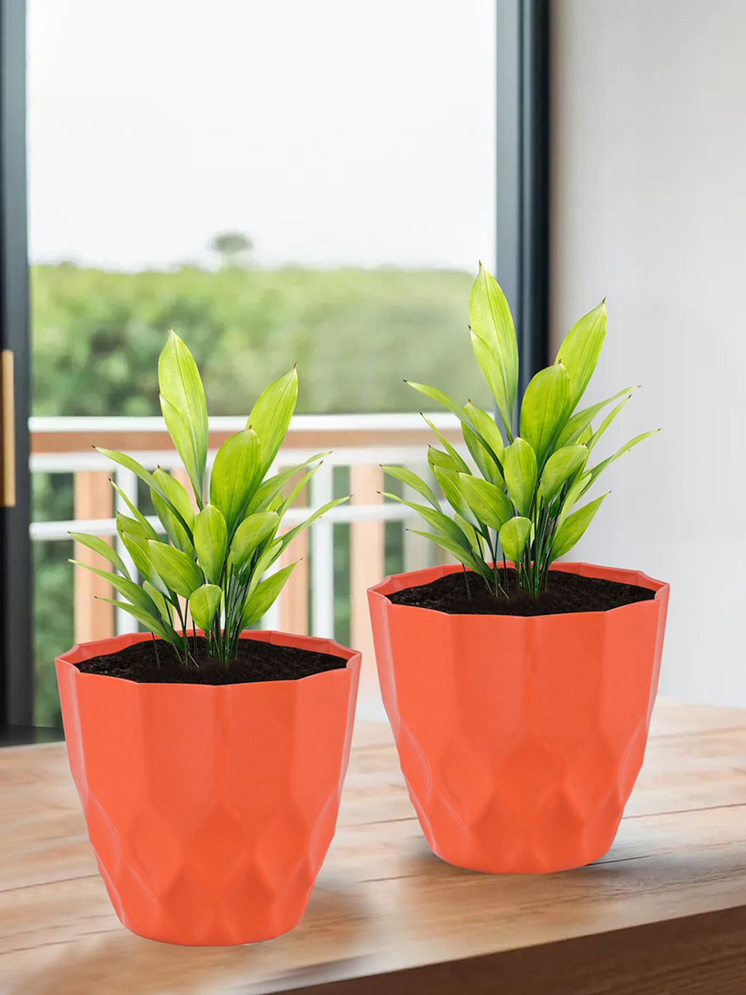 Kuber Industries Orange Colored 6 Pieces Barfi Pattern Durable Plastic Planters