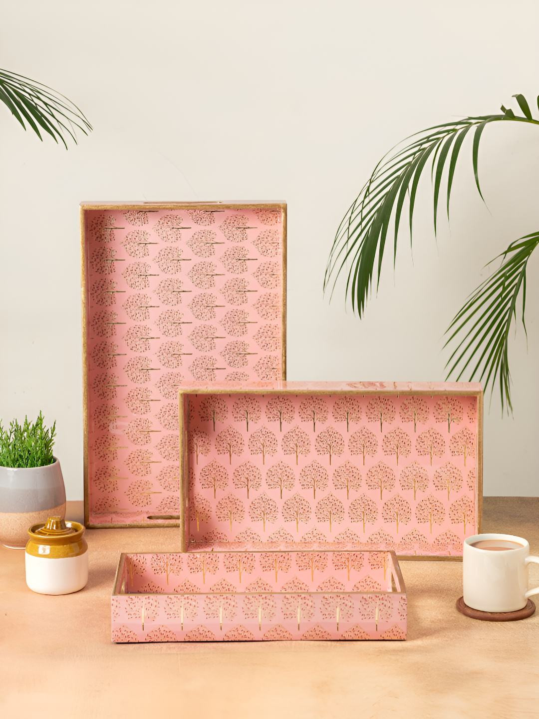 HomeShastra Pink & Gold Toned 3 Pieces Trees Printed Wooden Rectangle Serving Trays