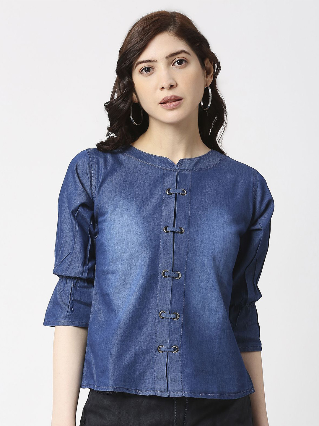 CEFALU Bell Sleeve Denim Crop Top